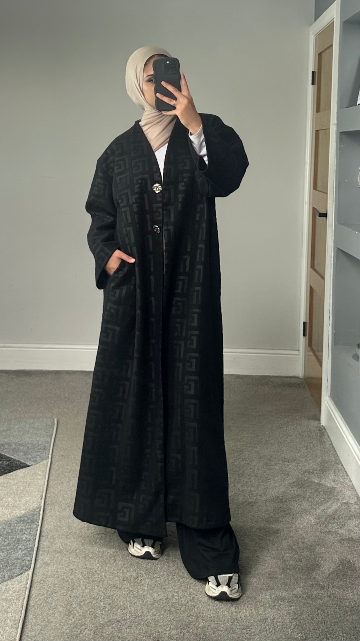 Velvet feel longline printed button jacket/abaya/coat