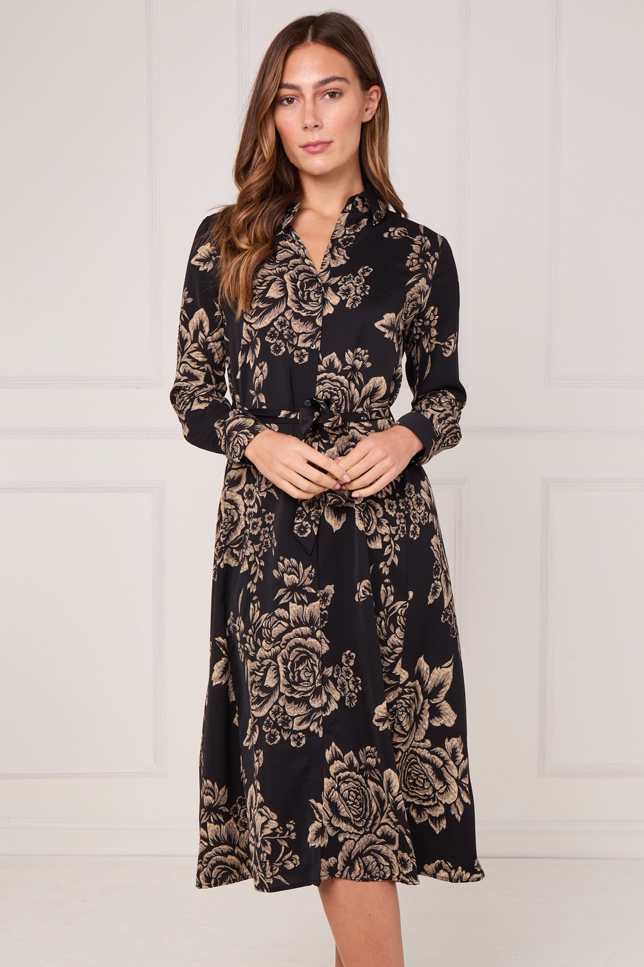 Black and Gold Vintage Rose Print Midi Shirt Dress