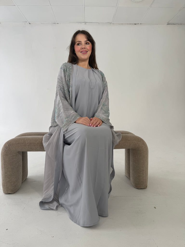 Al-Jawhara Embellished 2 pcs abaya set (Grey)