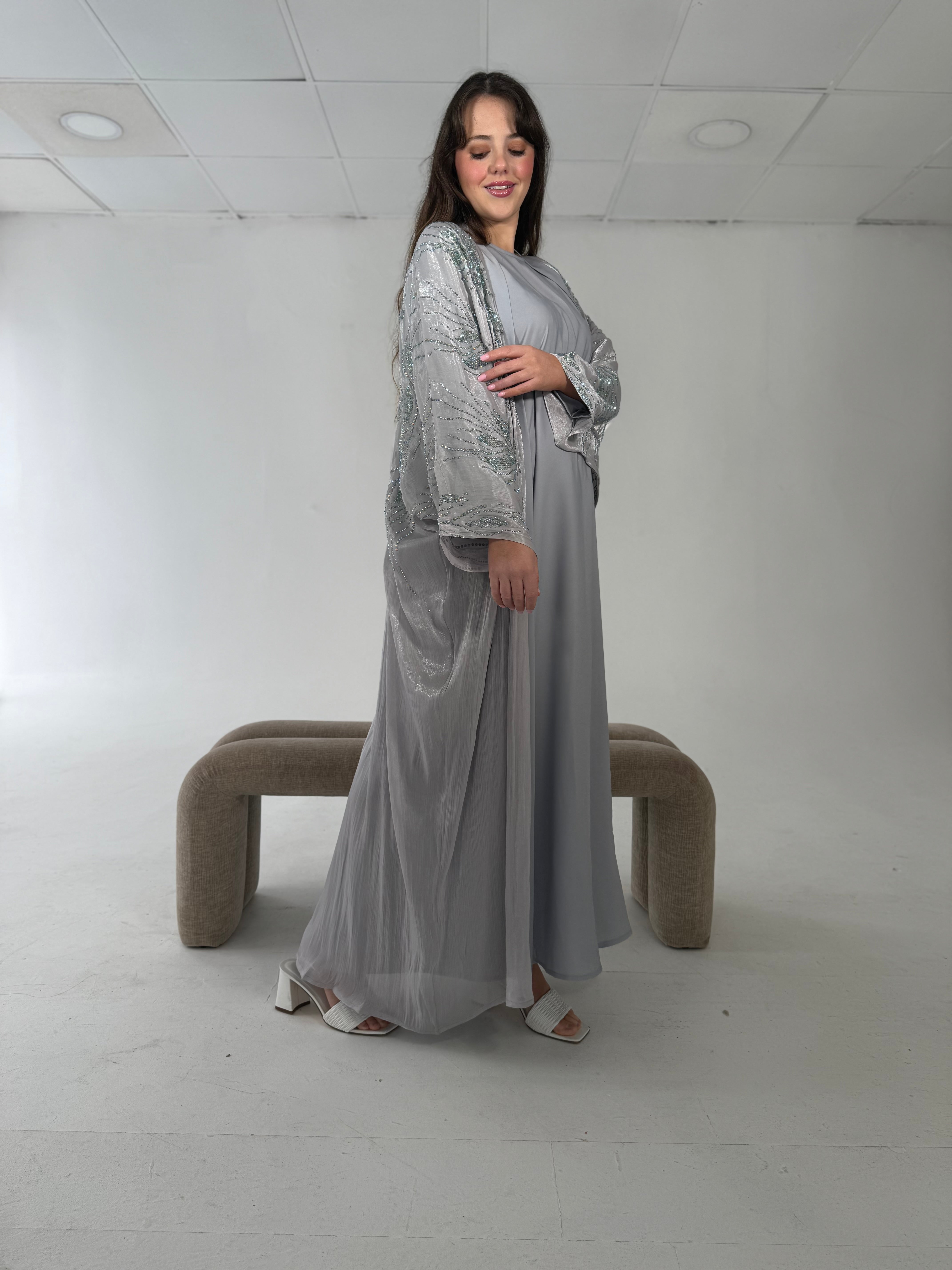 Al-Jawhara Embellished 2 pcs abaya set (Grey)