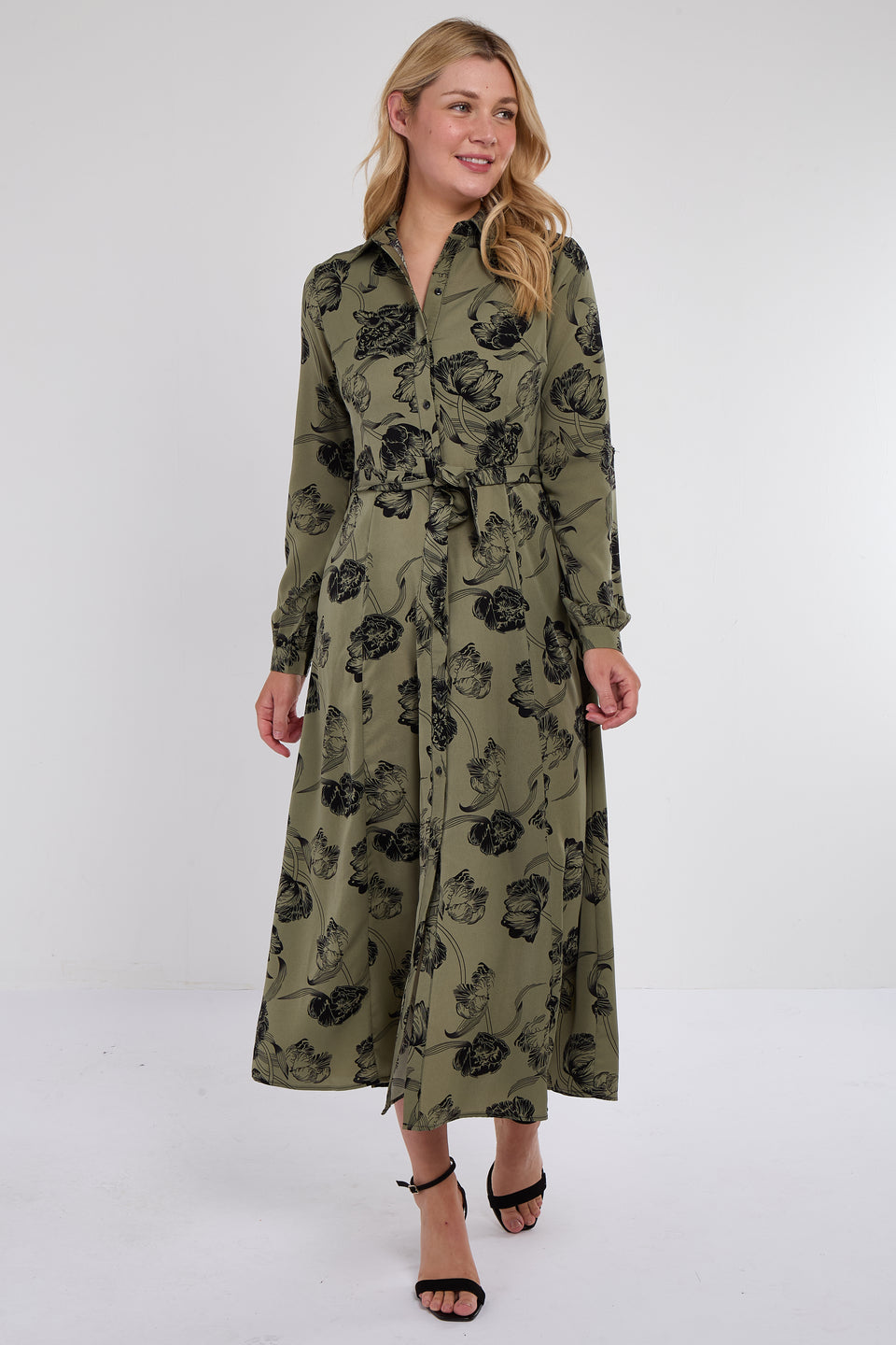 Khaki Floral Print Maxi Shirt Dress