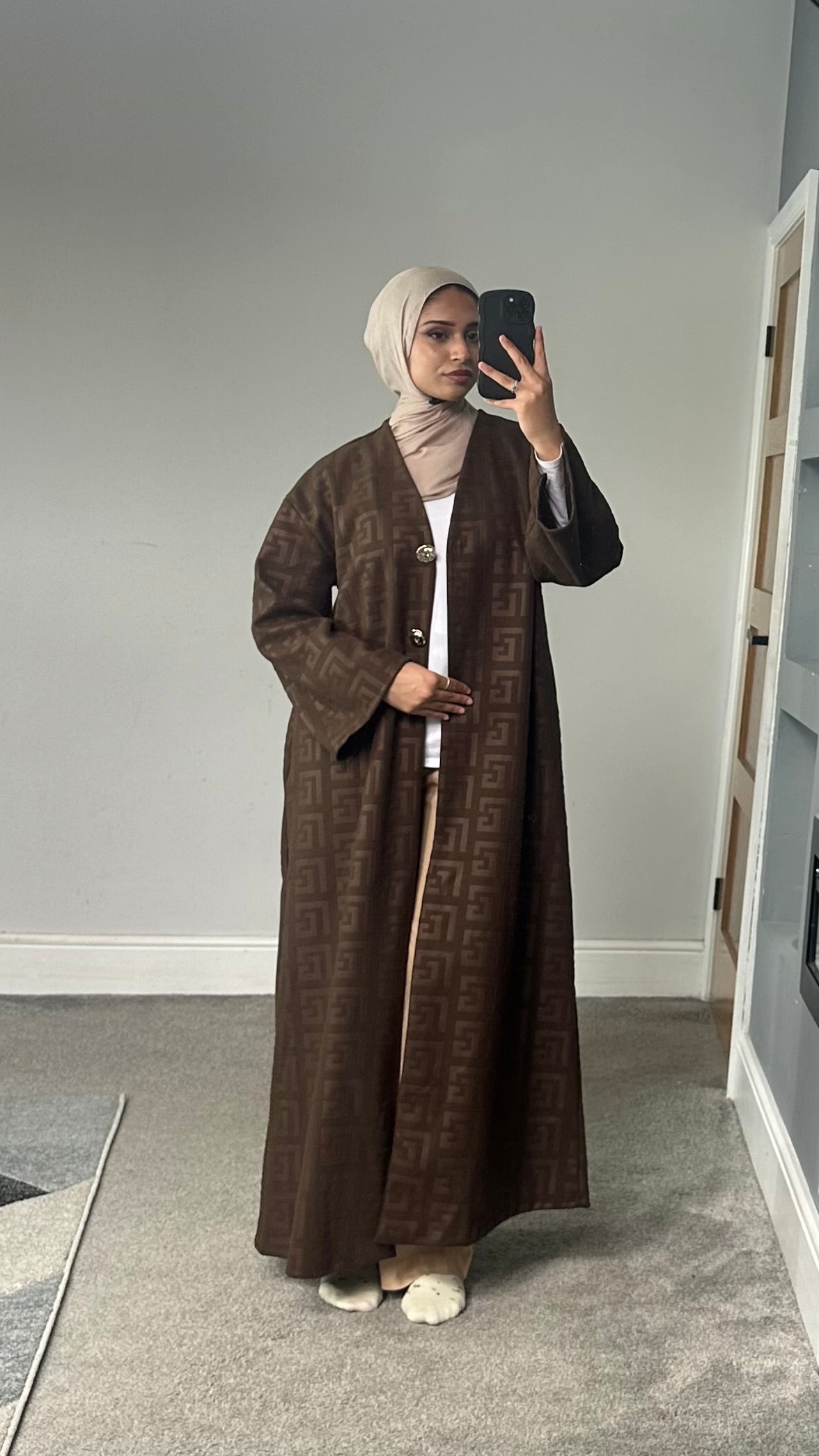 Velvet feel longline printed button jacket/abaya/coat