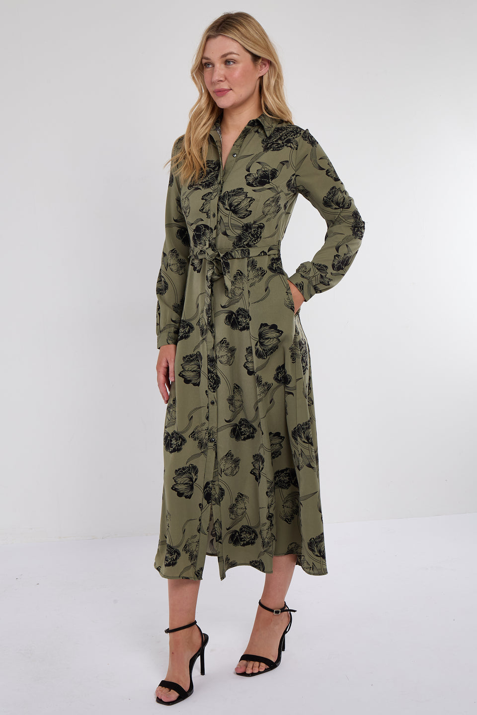 Khaki Floral Print Maxi Shirt Dress