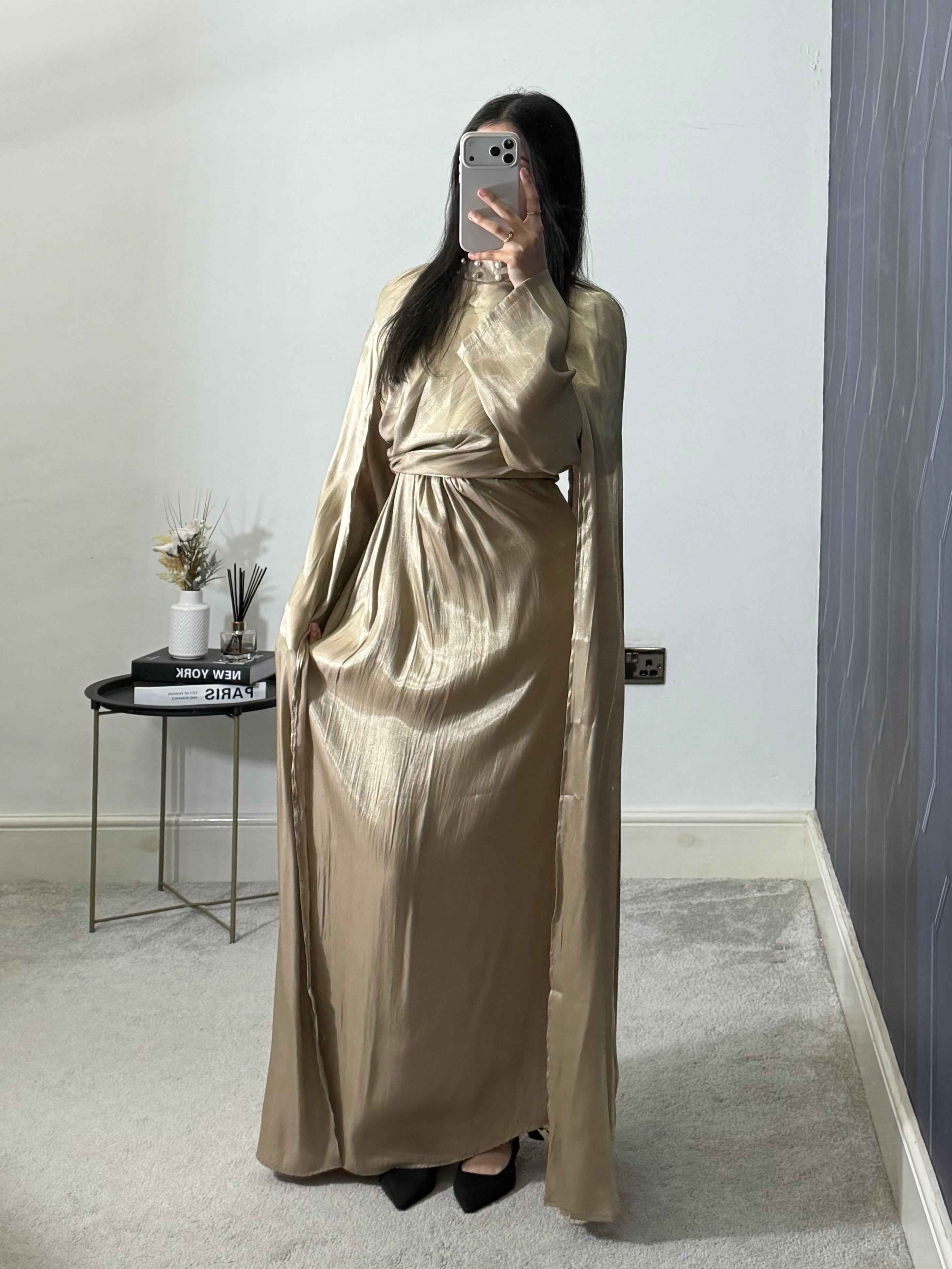 Rayaanah Pearl Choker Neck Tie Back Shoulder Cape Dress