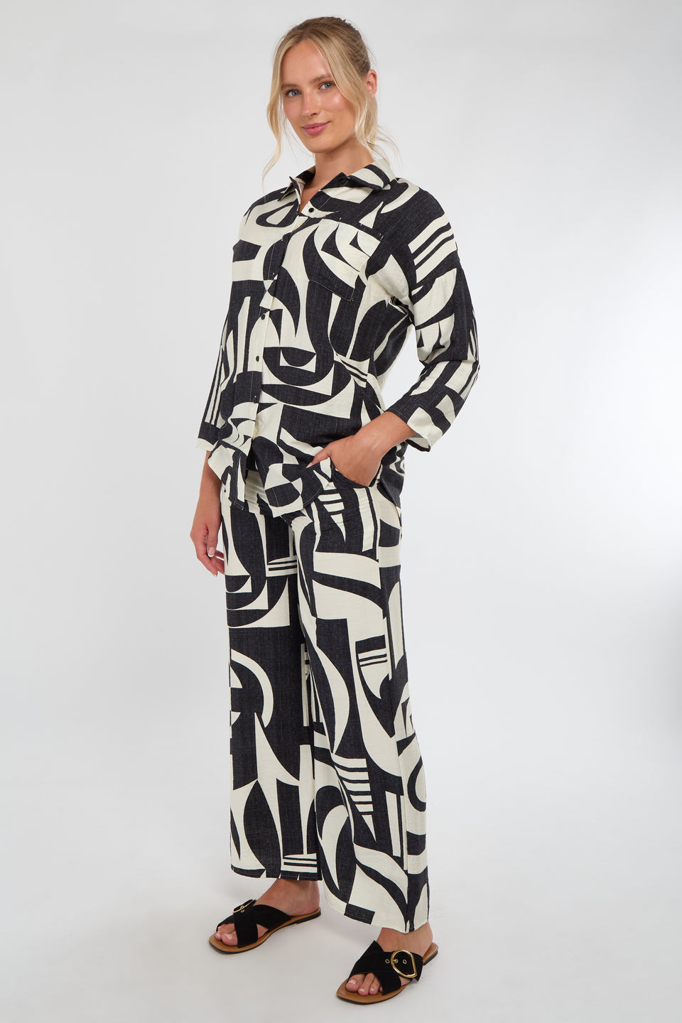BLACK AND CREAM ABSTRACT GEO PRINT CO-ORD SET