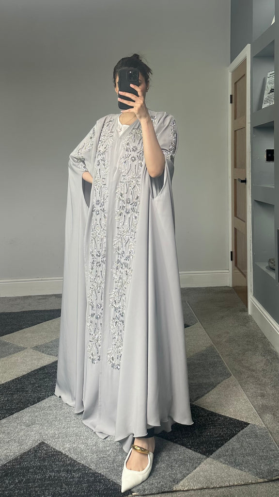 Ainaz Embellished Free Size Cape Abaya (Greyish/Stone)