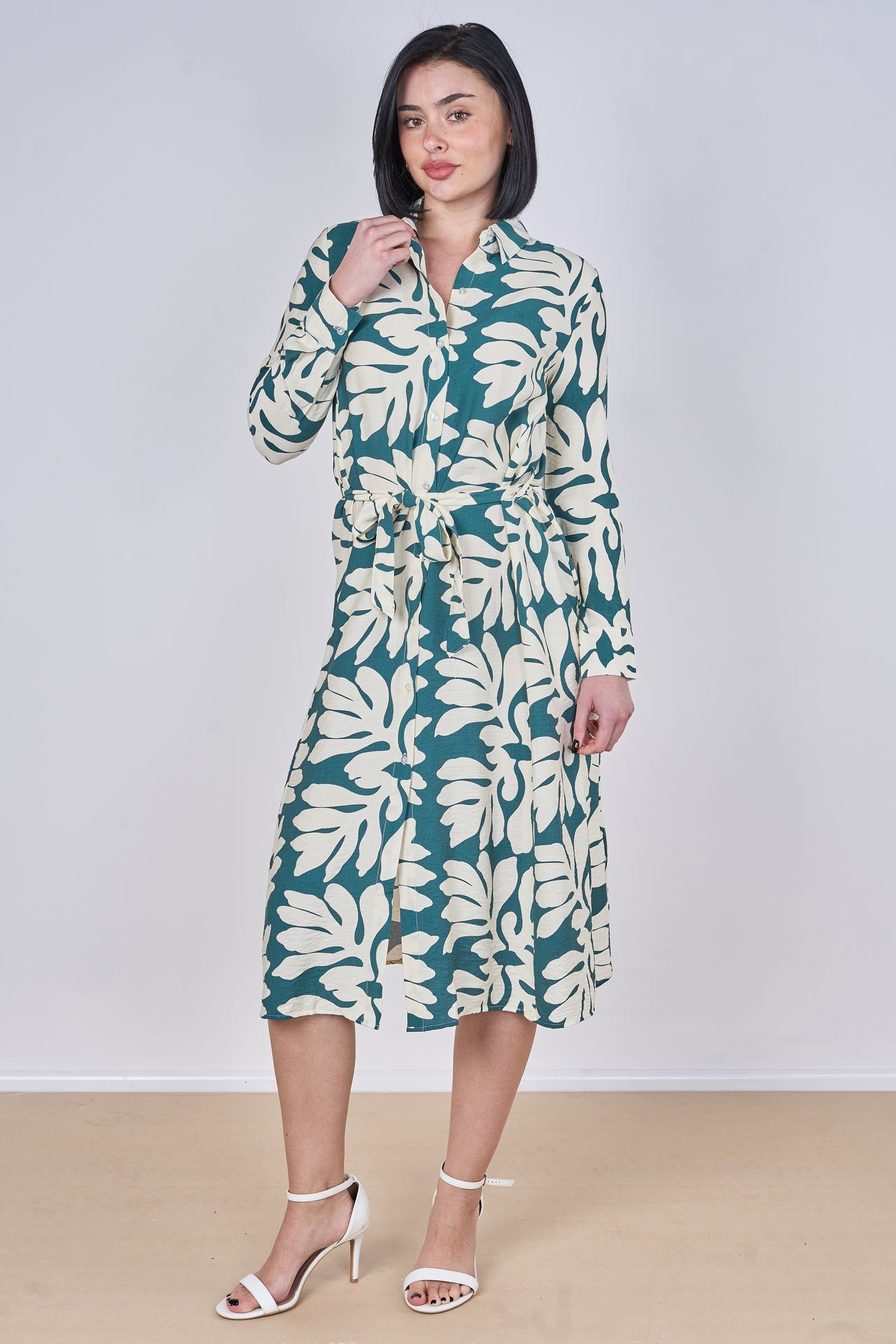 Teal Leaf Print Belted Midi Shirt Dress
