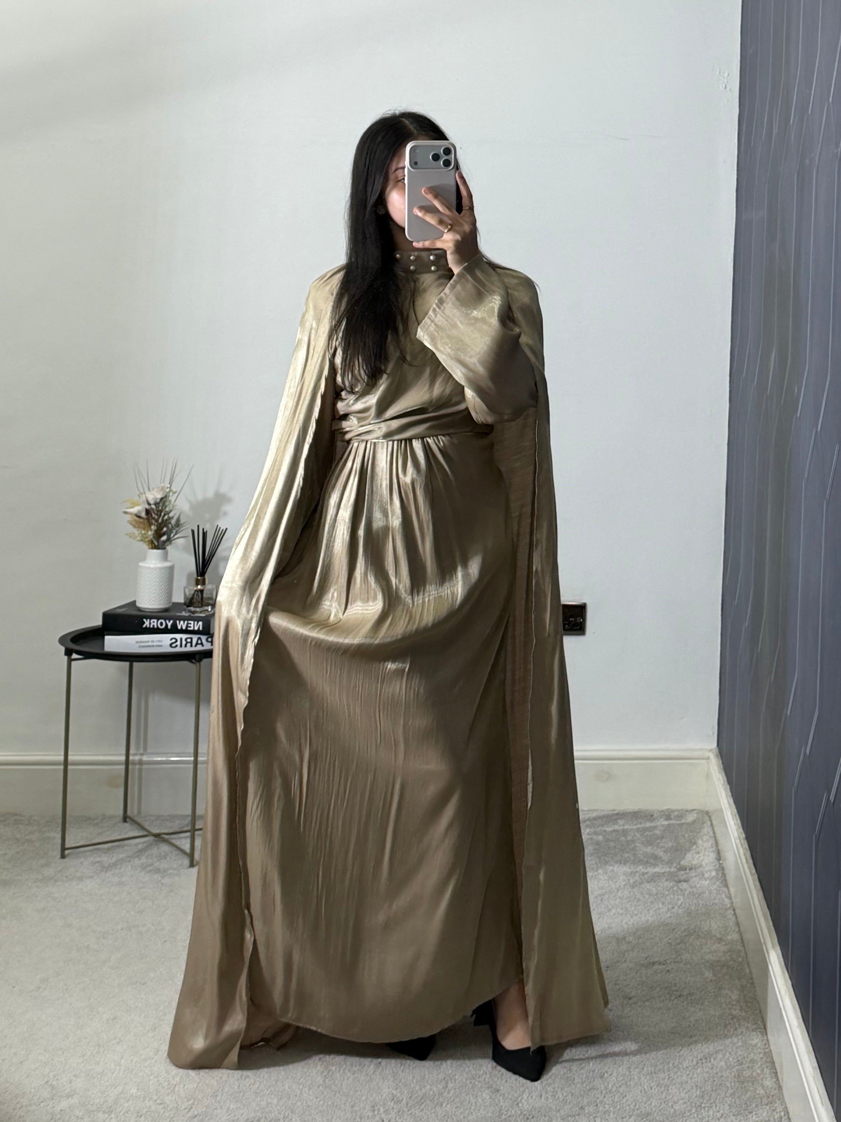 Rayaanah Pearl Choker Neck Tie Back Shoulder Cape Dress