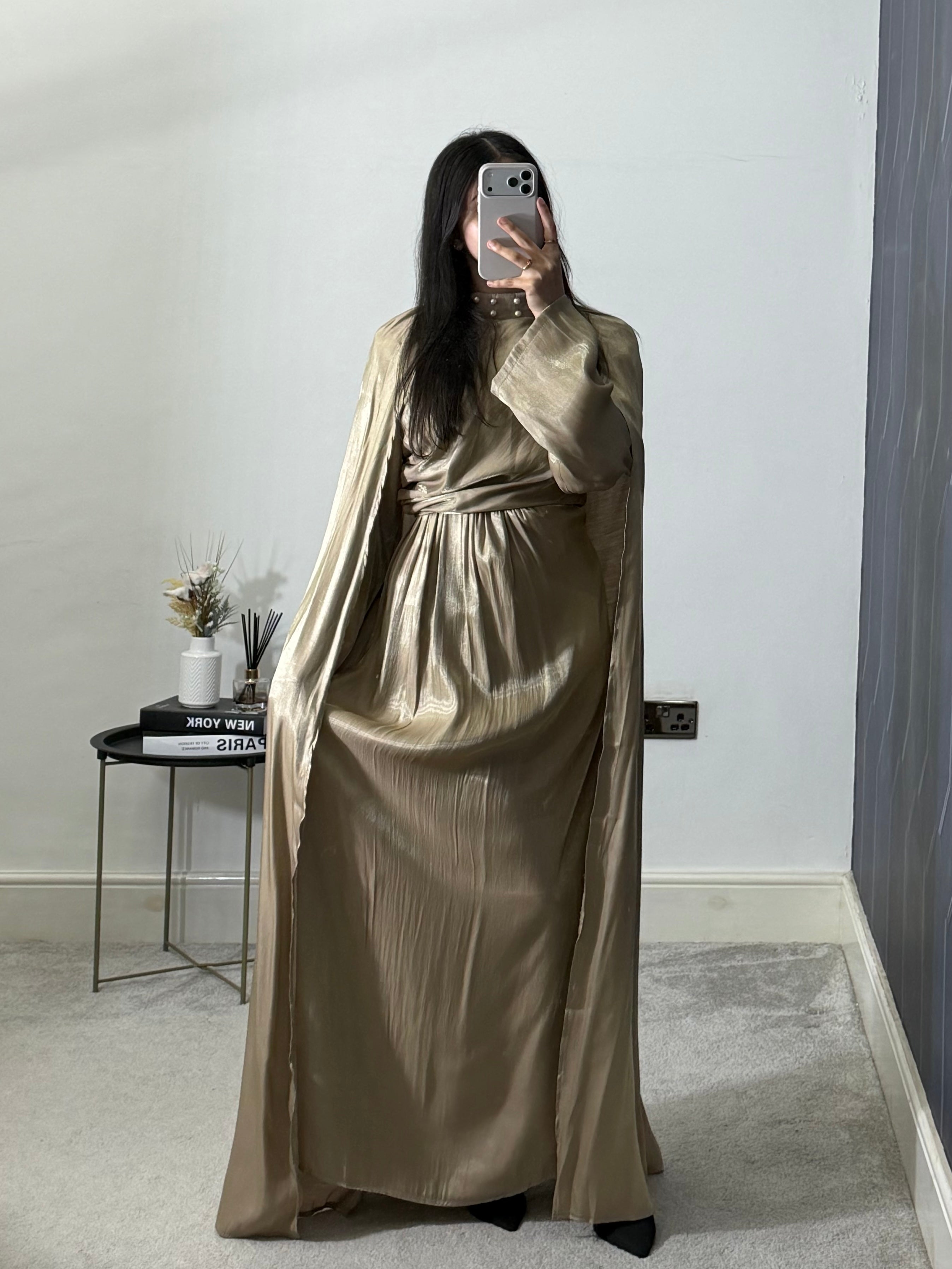 Rayaanah Pearl Choker Neck Tie Back Shoulder Cape Dress