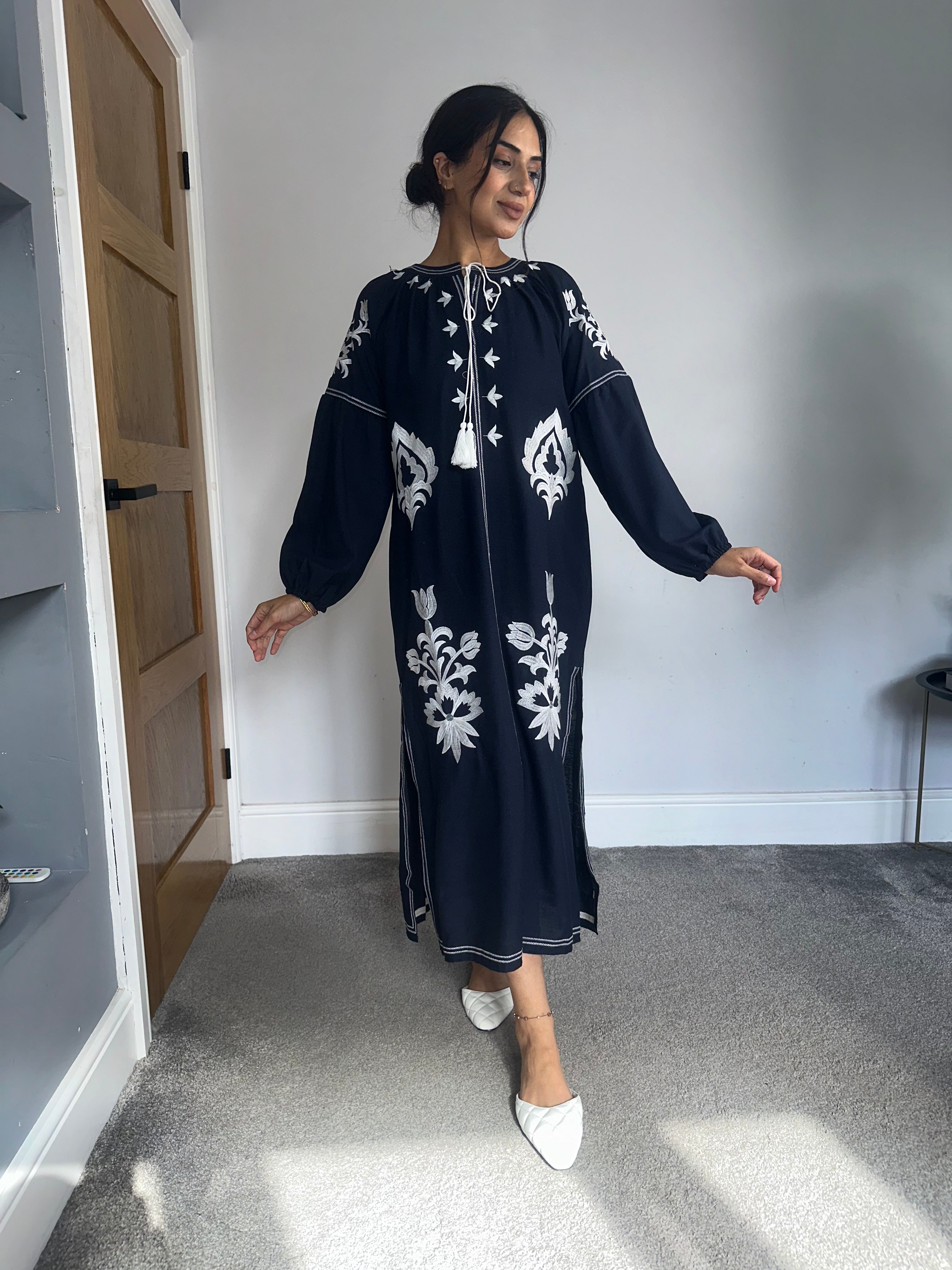 Maya (Navy) Long-Sleeve Tie-Neck Embroidered Maxi A-Line Dress