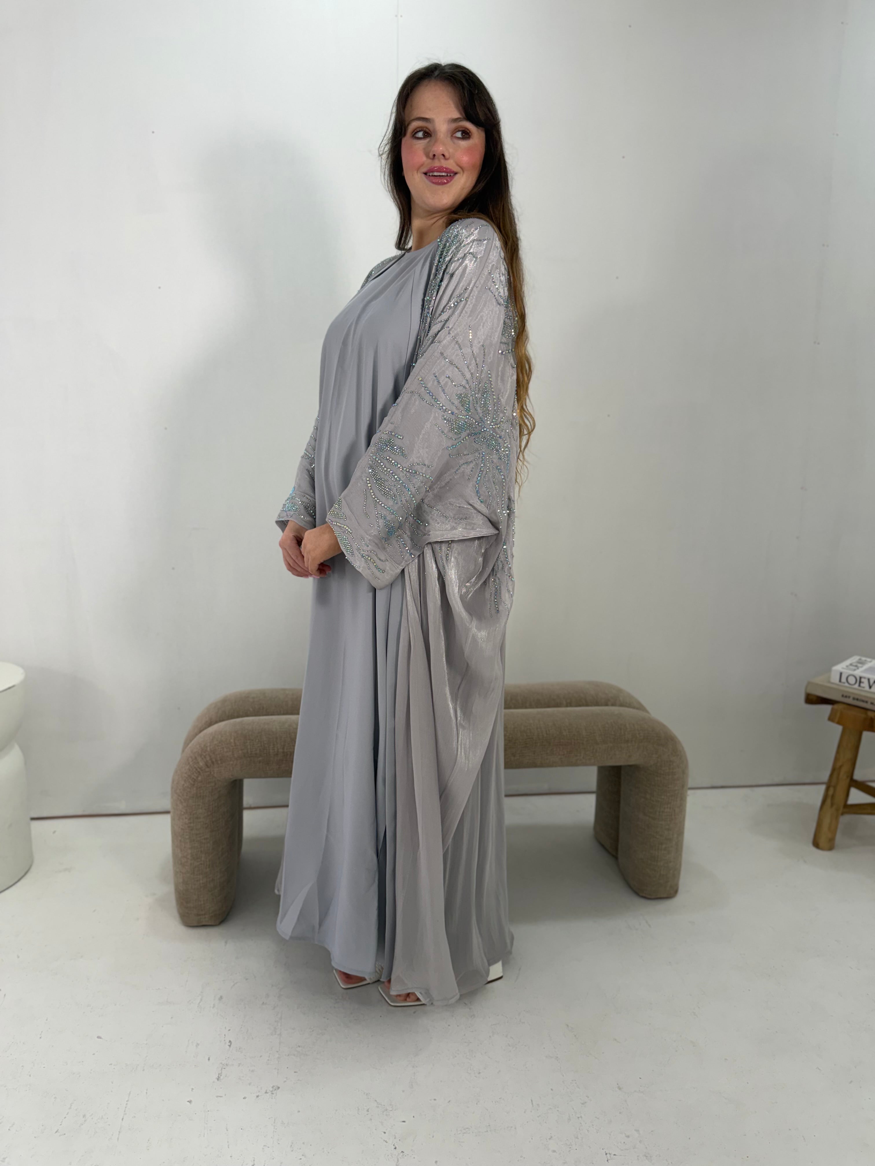 Al-Jawhara Embellished 2 pcs abaya set (Grey)
