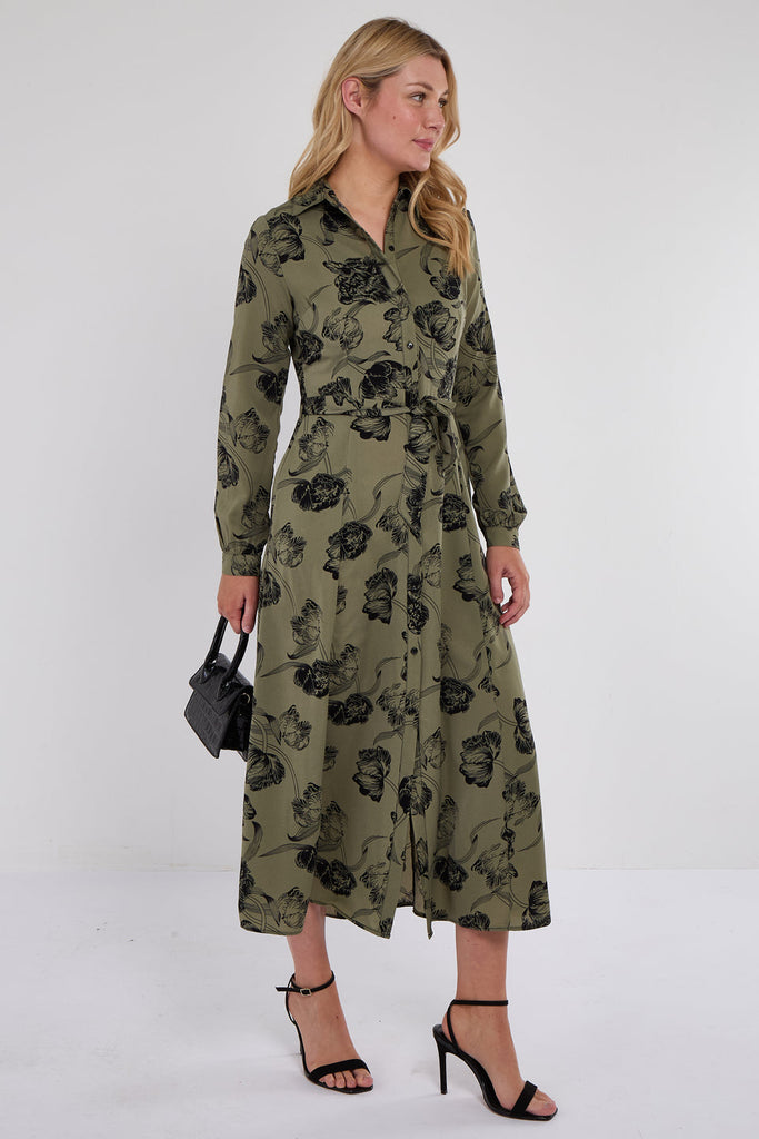 Khaki Floral Print Maxi Shirt Dress