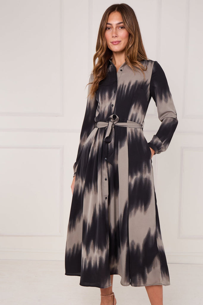 Black and Grey Tie Dye Wave Print Maxi Shirt Dress