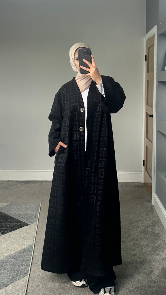 Velvet feel longline printed button jacket/abaya/coat