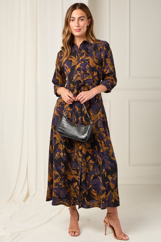 Deep Amber and Violet Leaf Print Maxi Shirt Dress