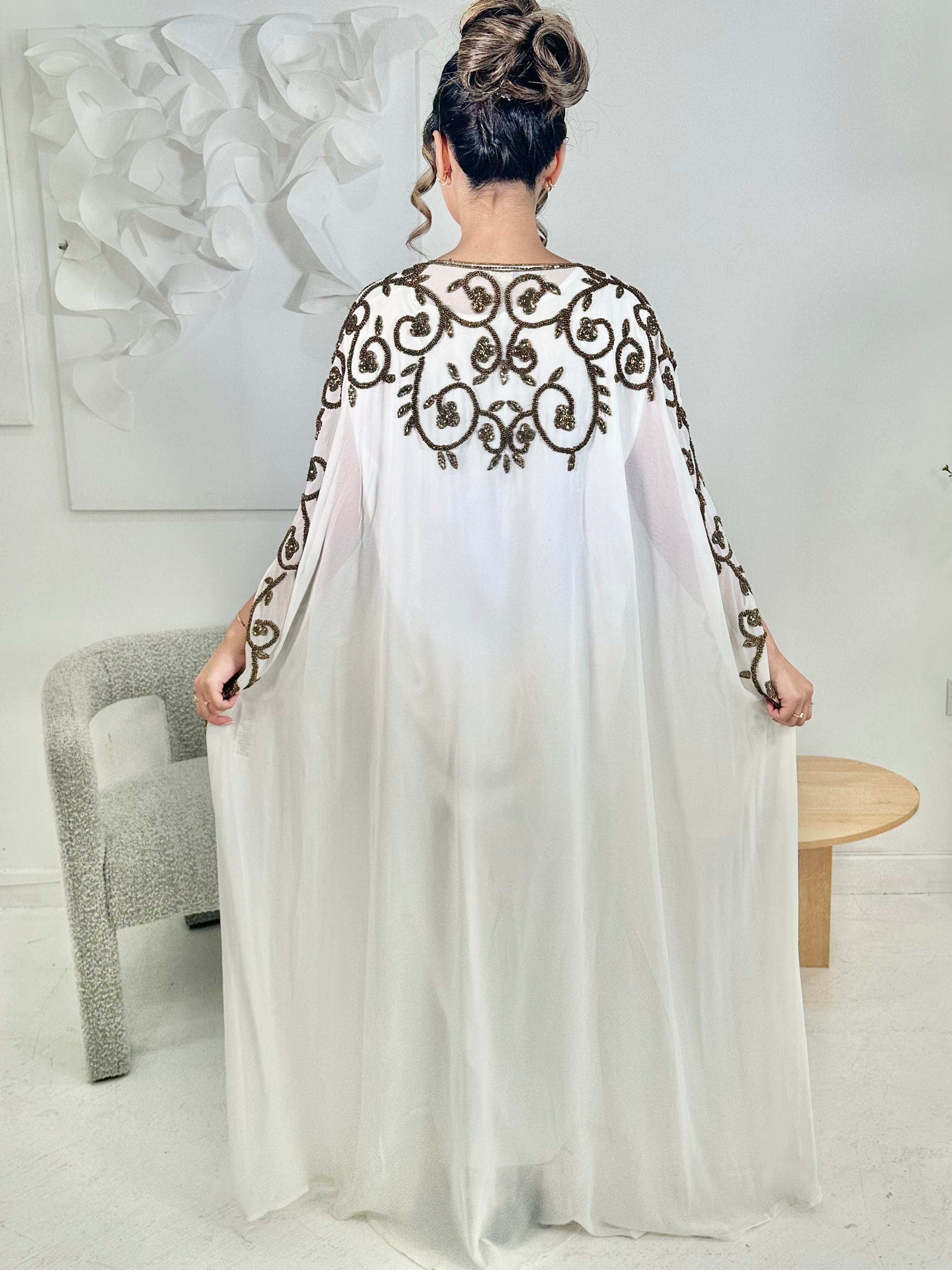 Elizha Embellished Chiffon Cape/Abaya (White)