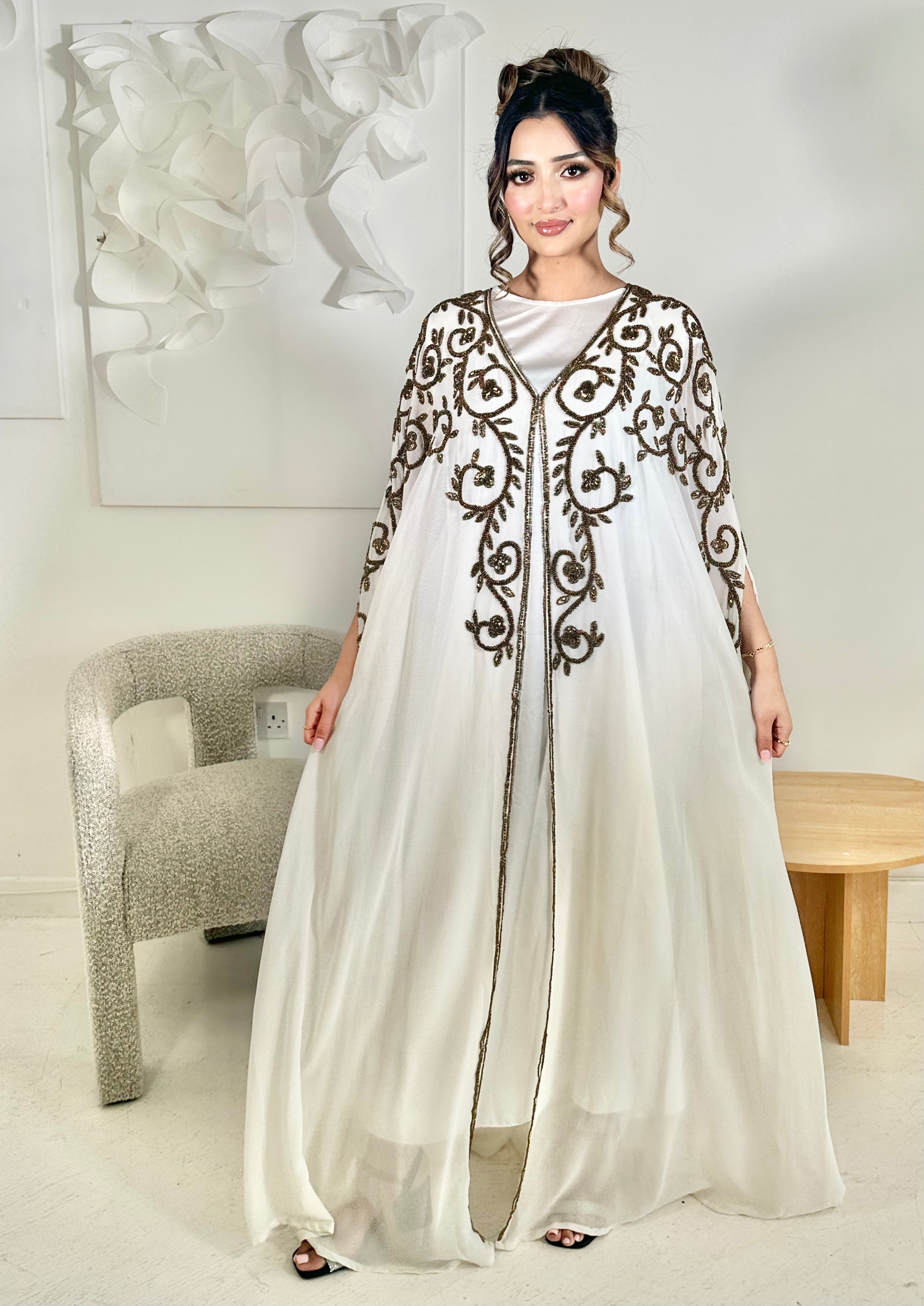 Elizha Embellished Chiffon Cape/Abaya (White)