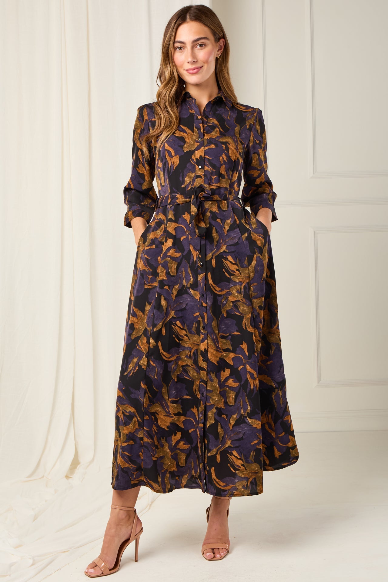 Deep Amber and Violet Leaf Print Maxi Shirt Dress