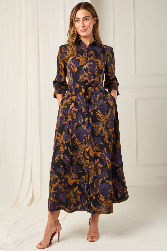 Deep Amber and Violet Leaf Print Maxi Shirt Dress