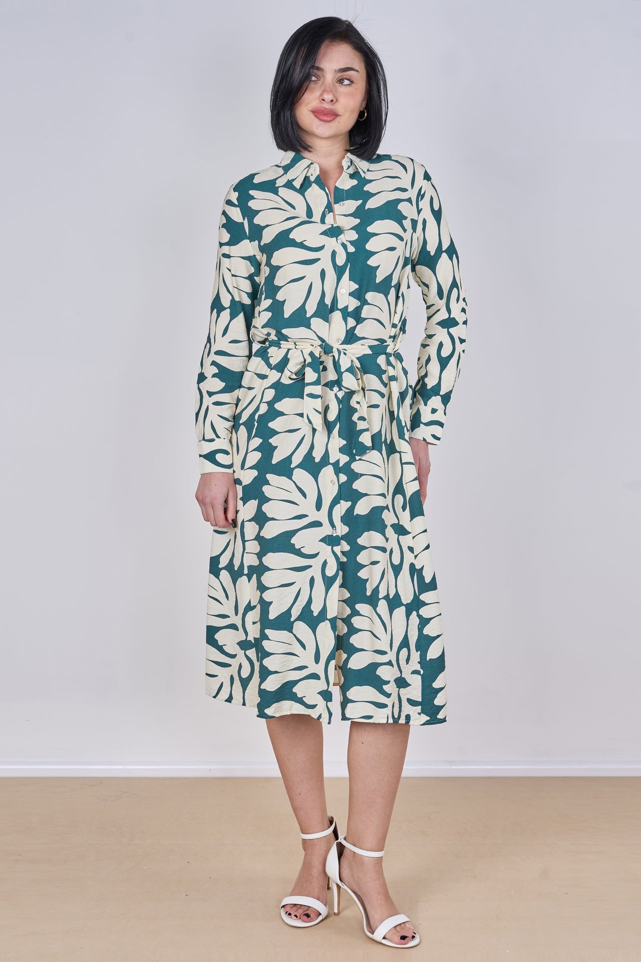 Teal Leaf Print Belted Midi Shirt Dress