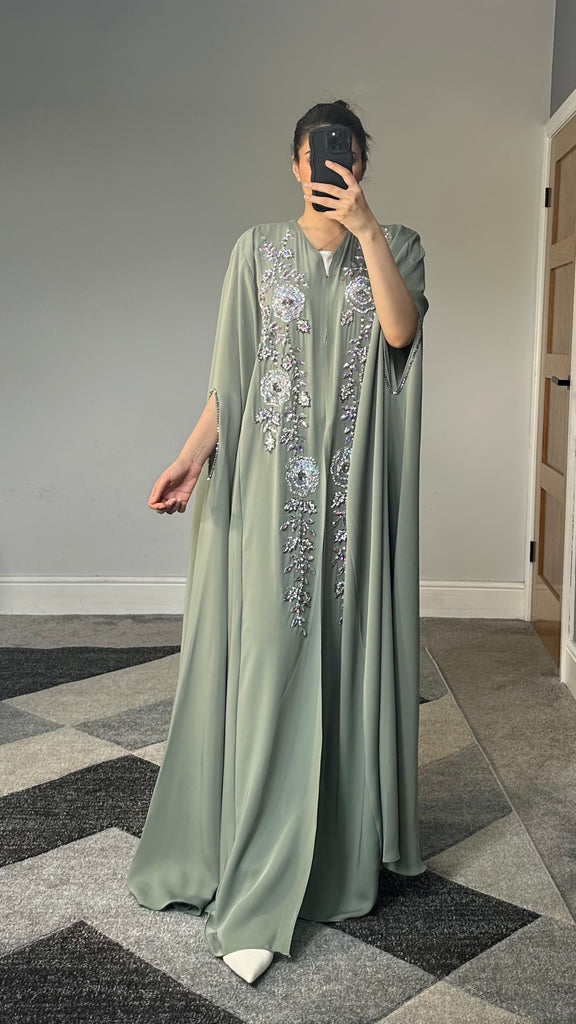 Nour Embellished Cape Abaya(Sage)