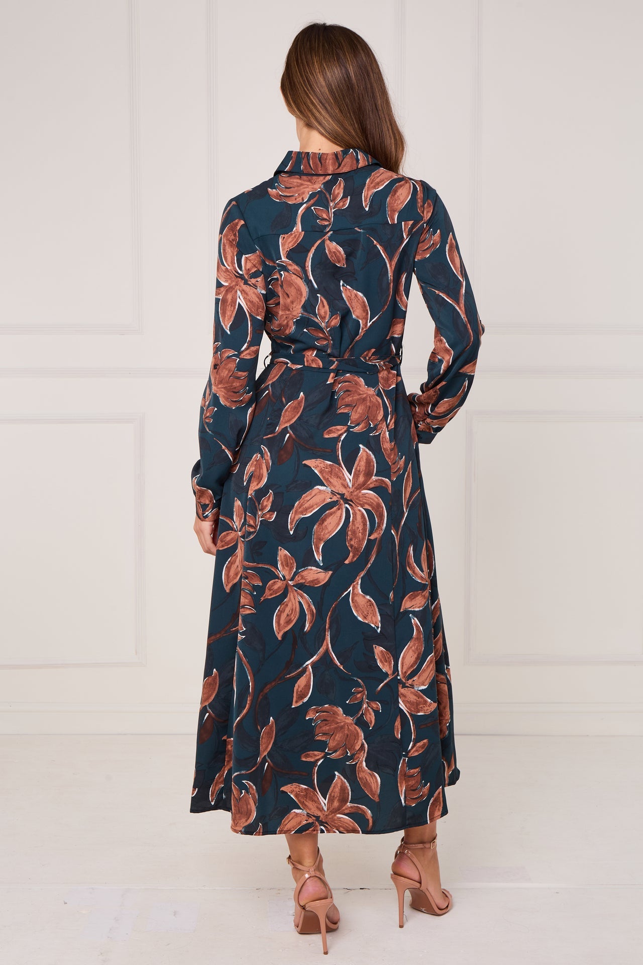 Teal and Chestnut Floral Print Maxi Shirt Dress