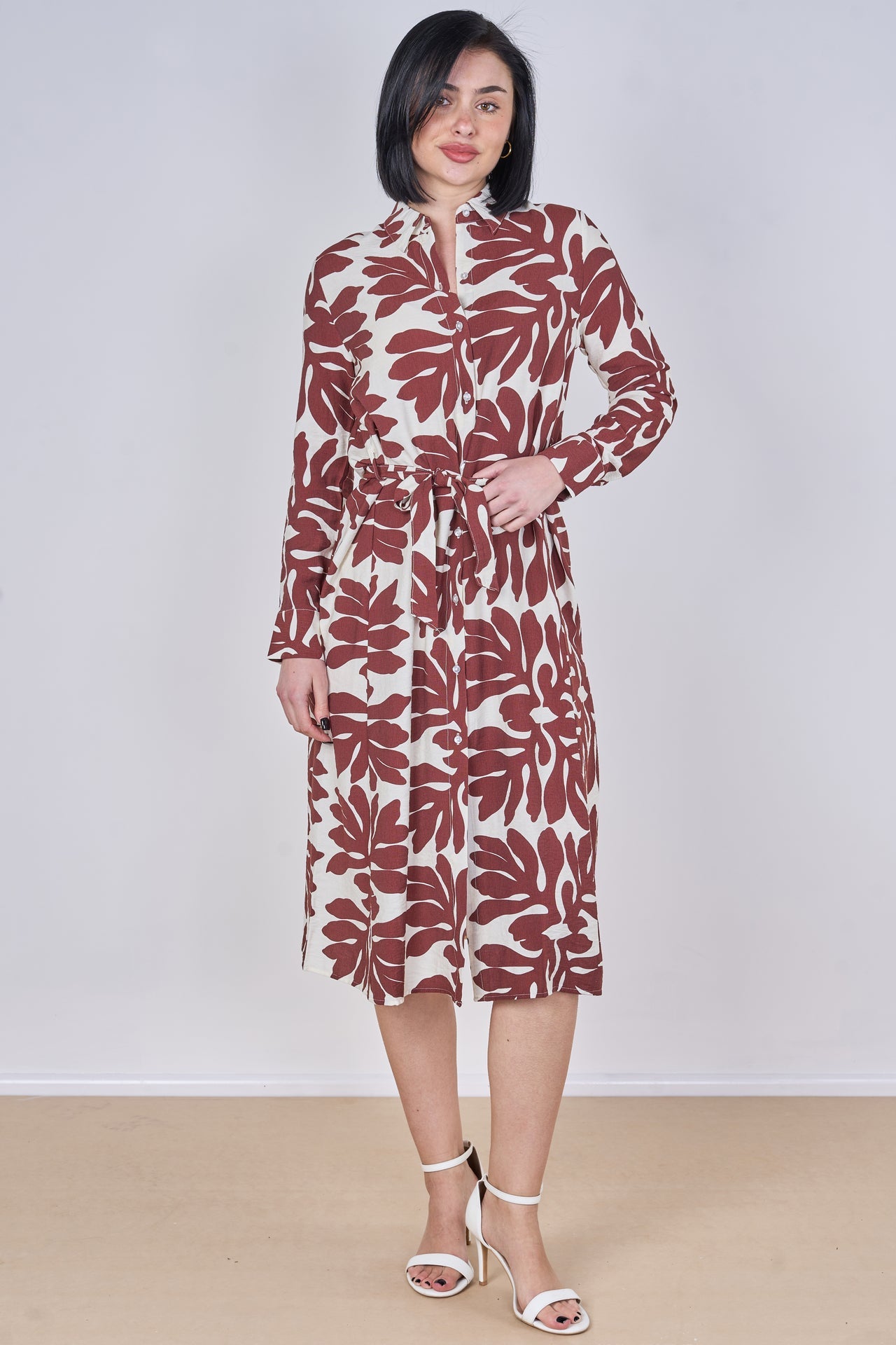 Coral Leaf Print Belted Midi Shirt Dress