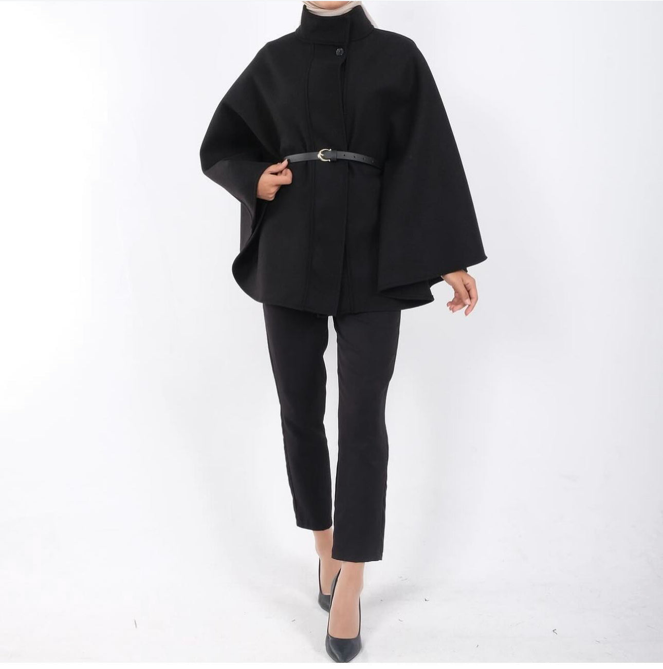 Cape With Belt And Button Poncho