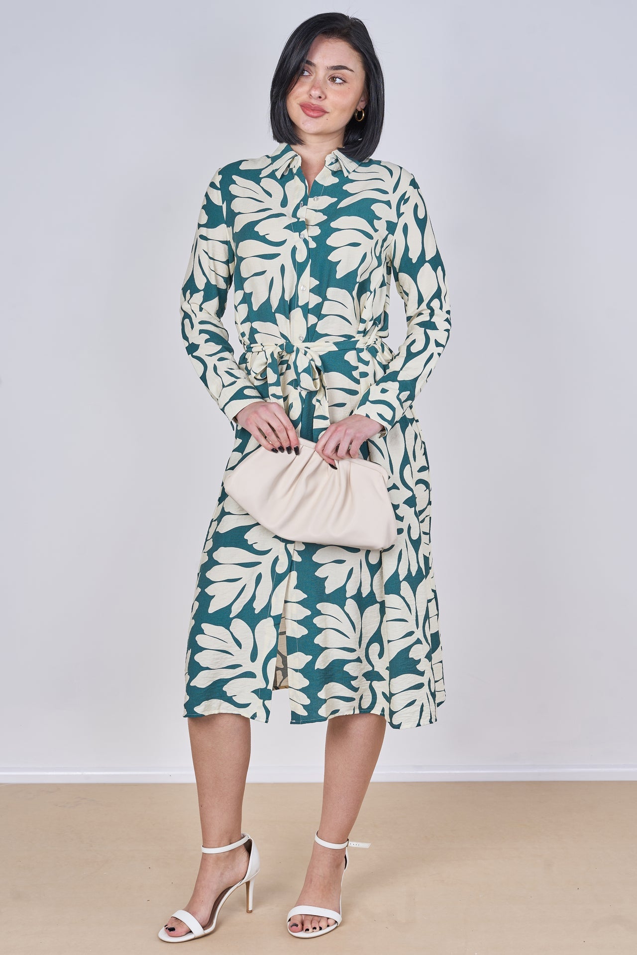 Teal Leaf Print Belted Midi Shirt Dress