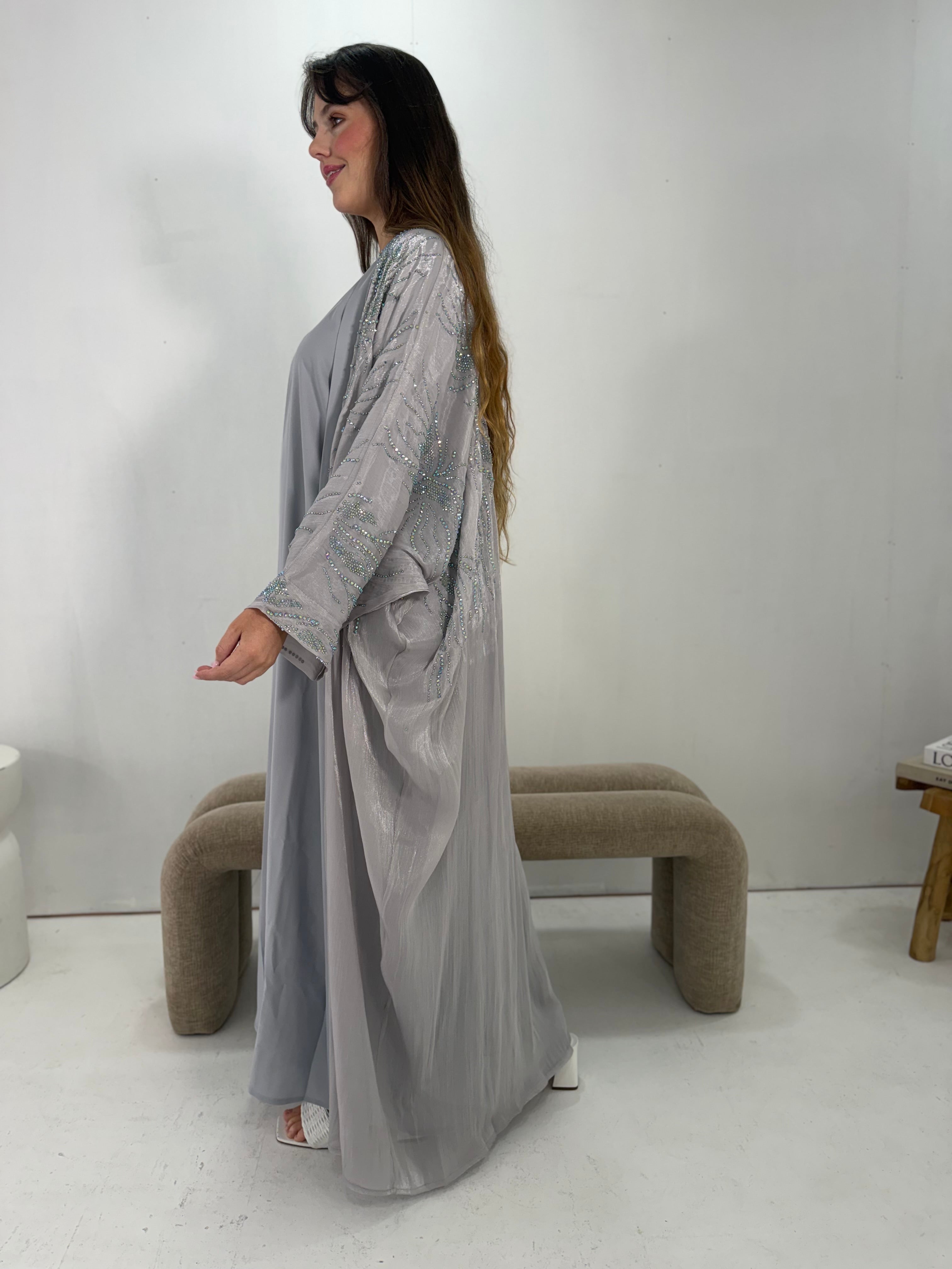 Al-Jawhara Embellished 2 pcs abaya set (Grey)
