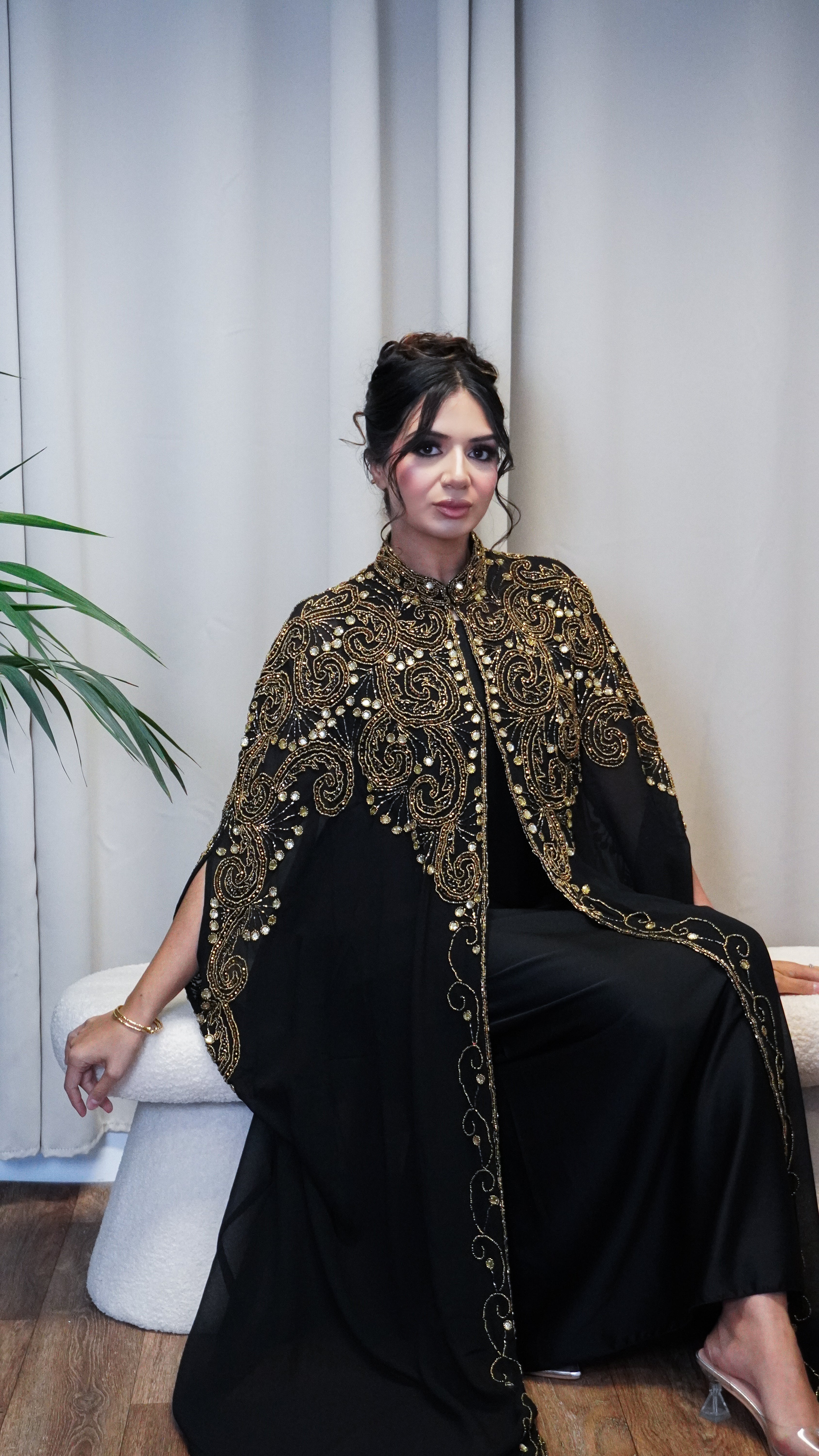 Nadira Black and Gold Embellished Cape/Abaya