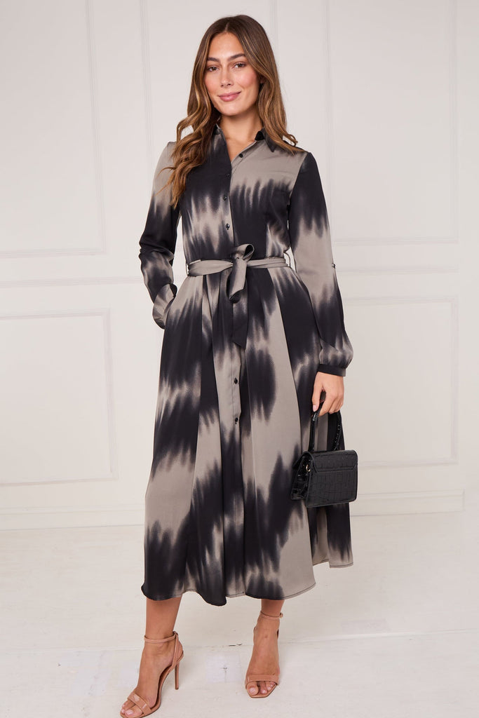 Black and Grey Tie Dye Wave Print Maxi Shirt Dress