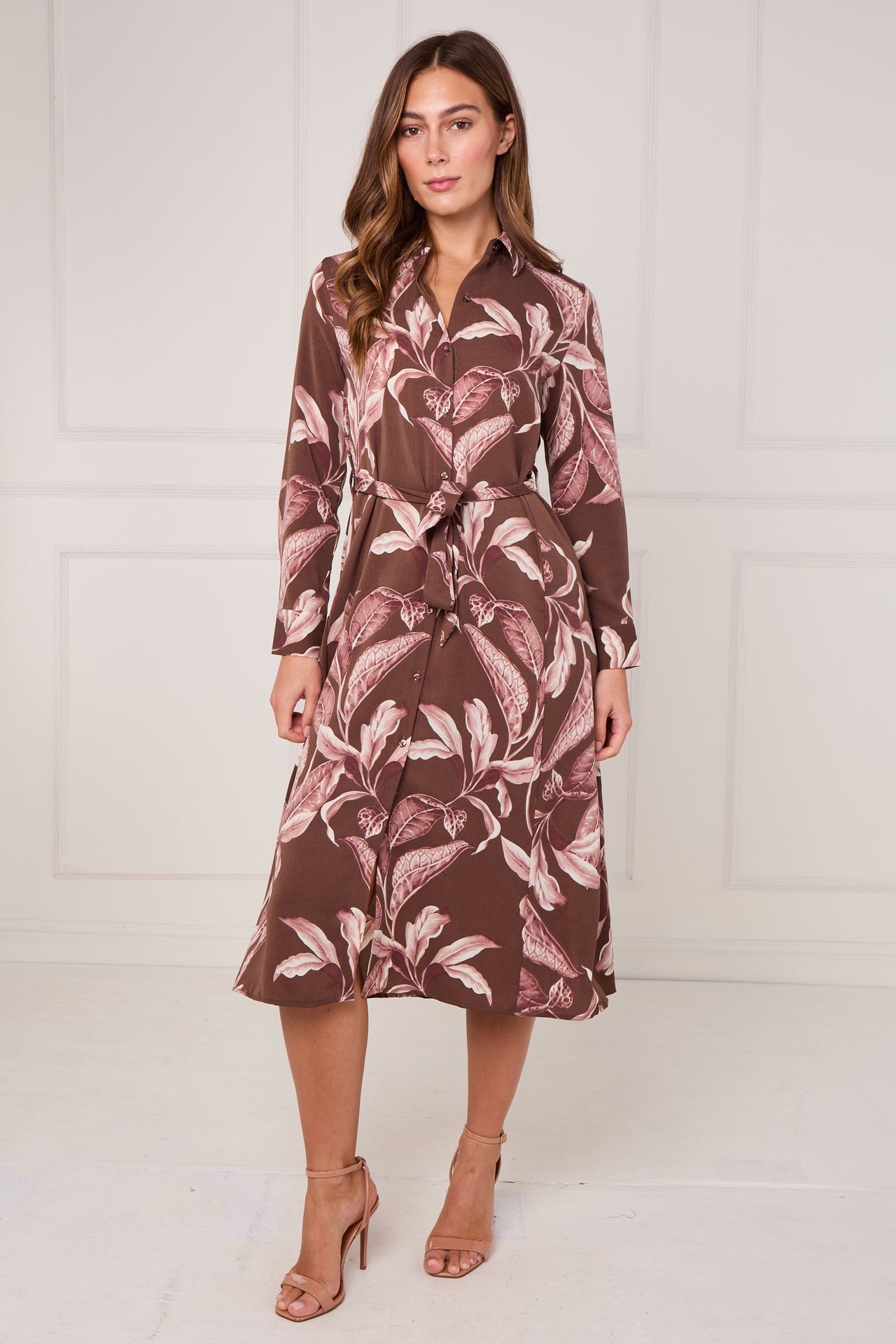 Brown and Pink Botanical Floral Print Midi Shirt Dress