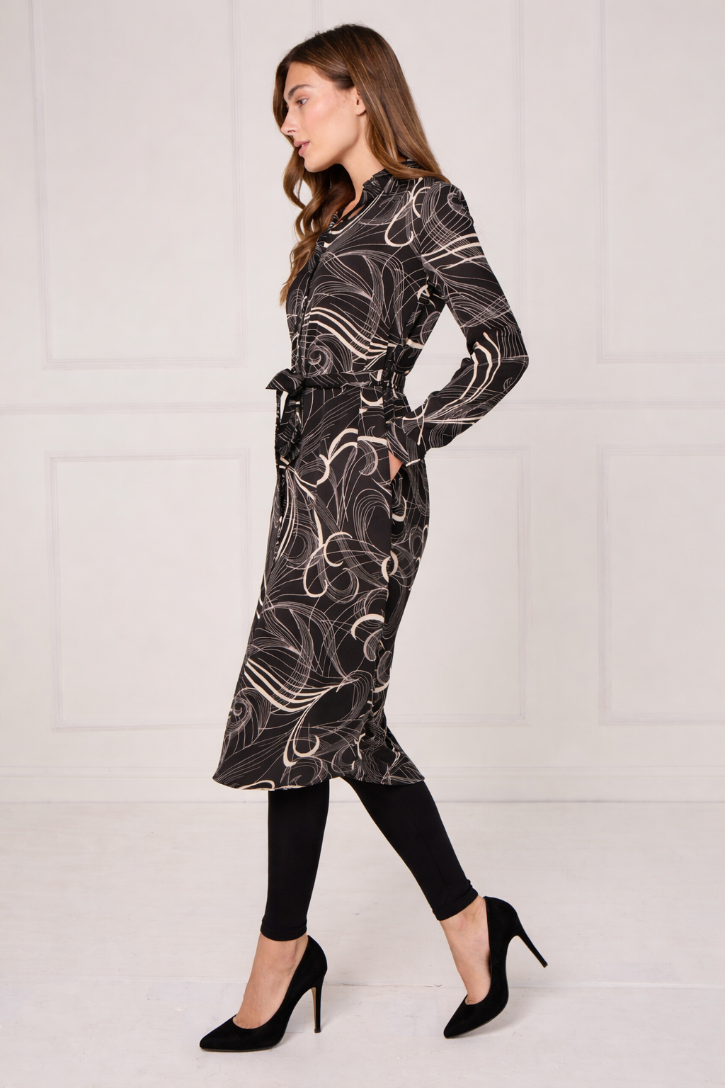 Black Abstract Swirl Print Midi Shirt Dress