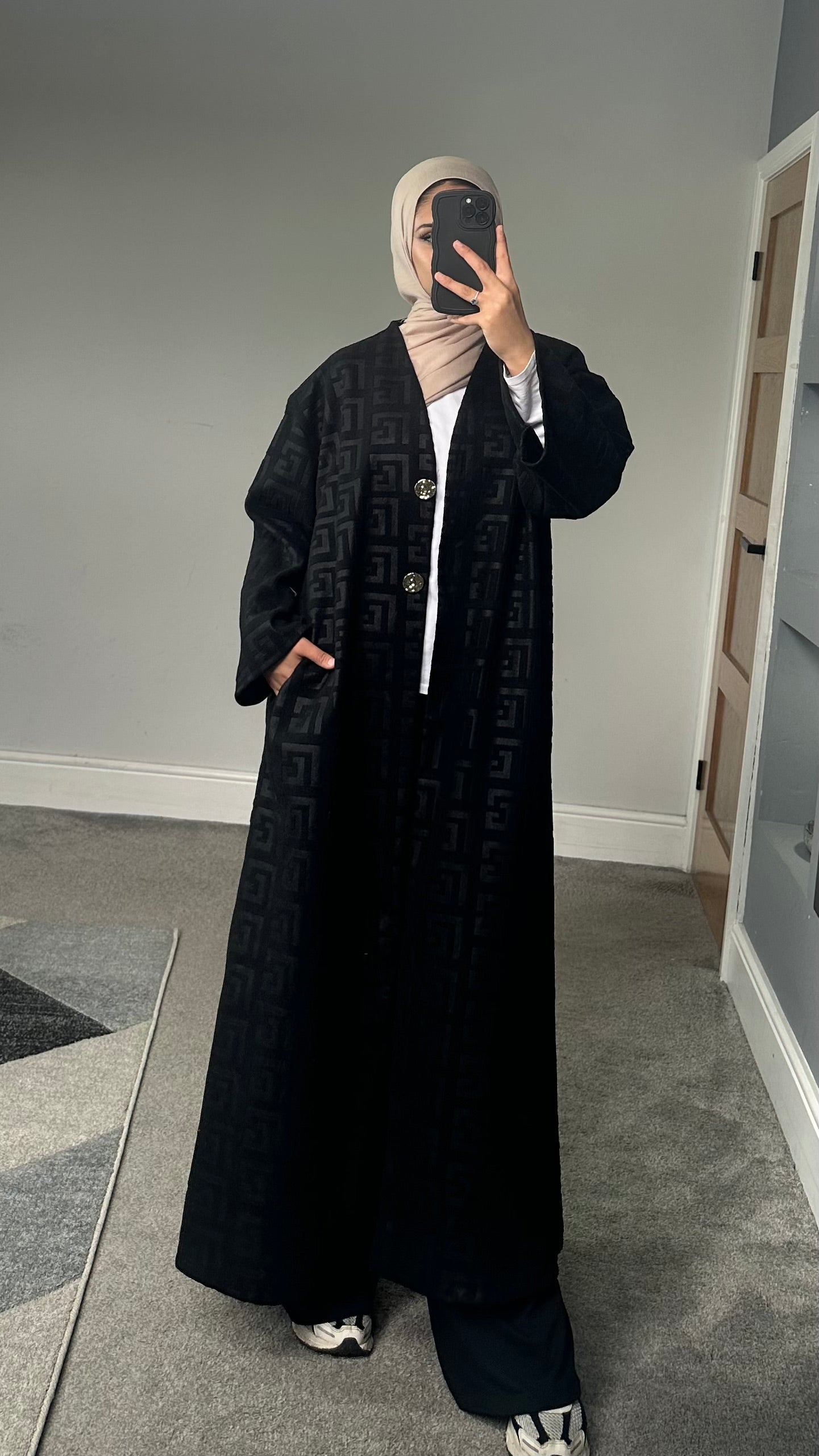Velvet feel longline printed button jacket/abaya/coat