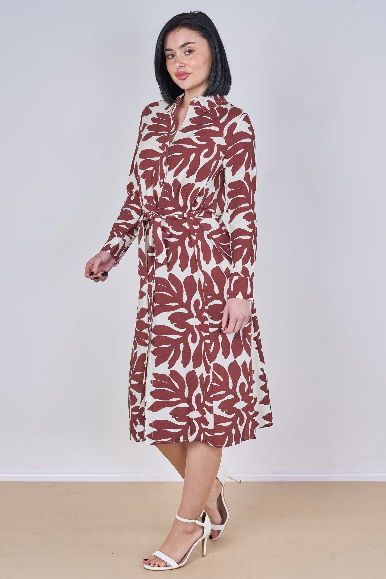 Coral Leaf Print Belted Midi Shirt Dress