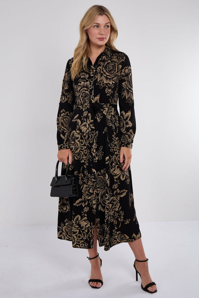 Vintage Rose Print Maxi Shirt Dress
