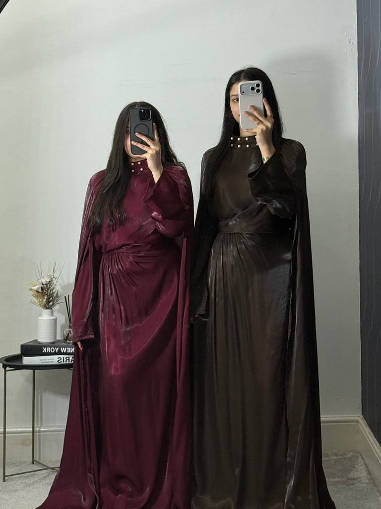 Rayaanah Pearl Choker Neck Tie Back Shoulder Cape Dress