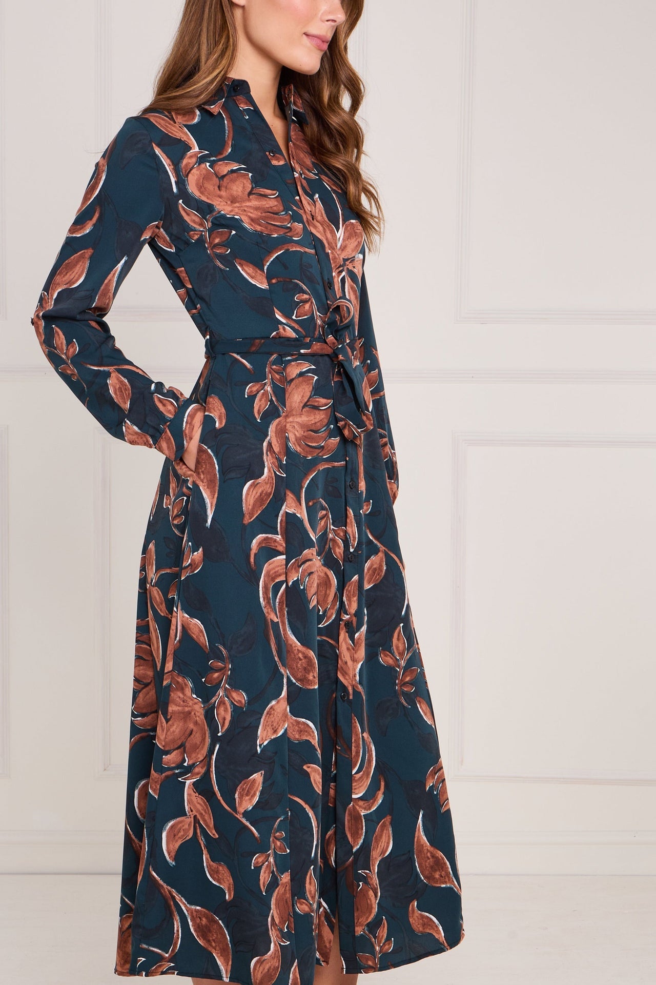 Teal and Chestnut Floral Print Maxi Shirt Dress