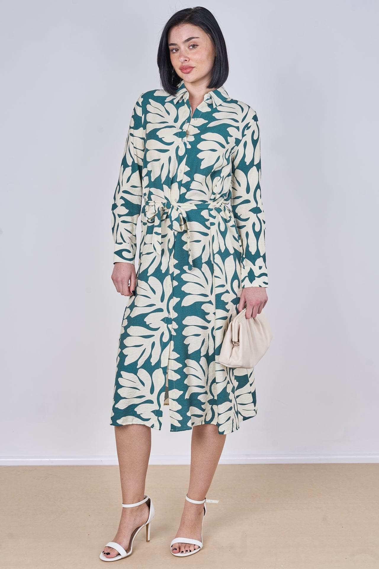 Teal Leaf Print Belted Midi Shirt Dress
