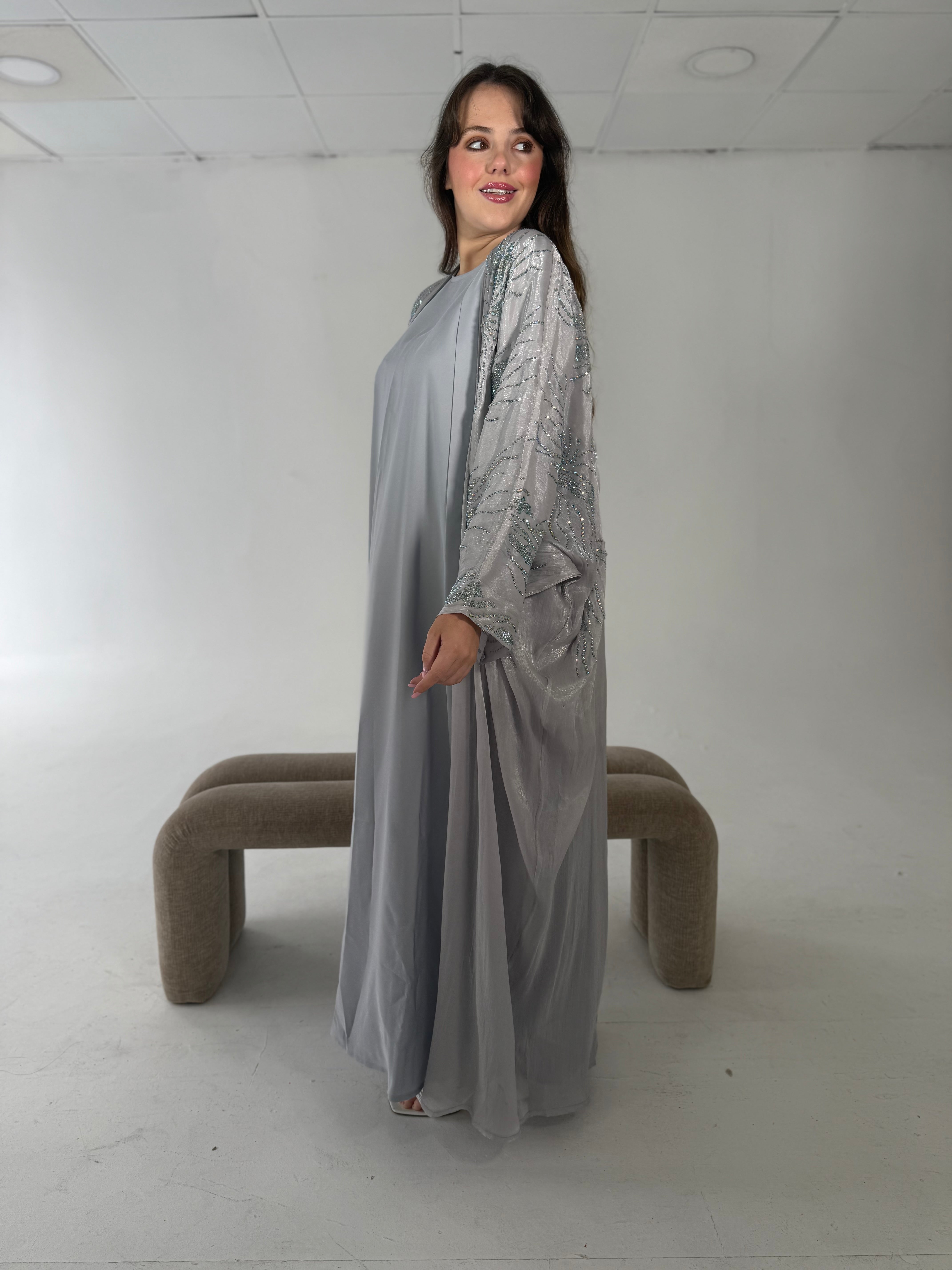 Al-Jawhara Embellished 2 pcs abaya set (Grey)