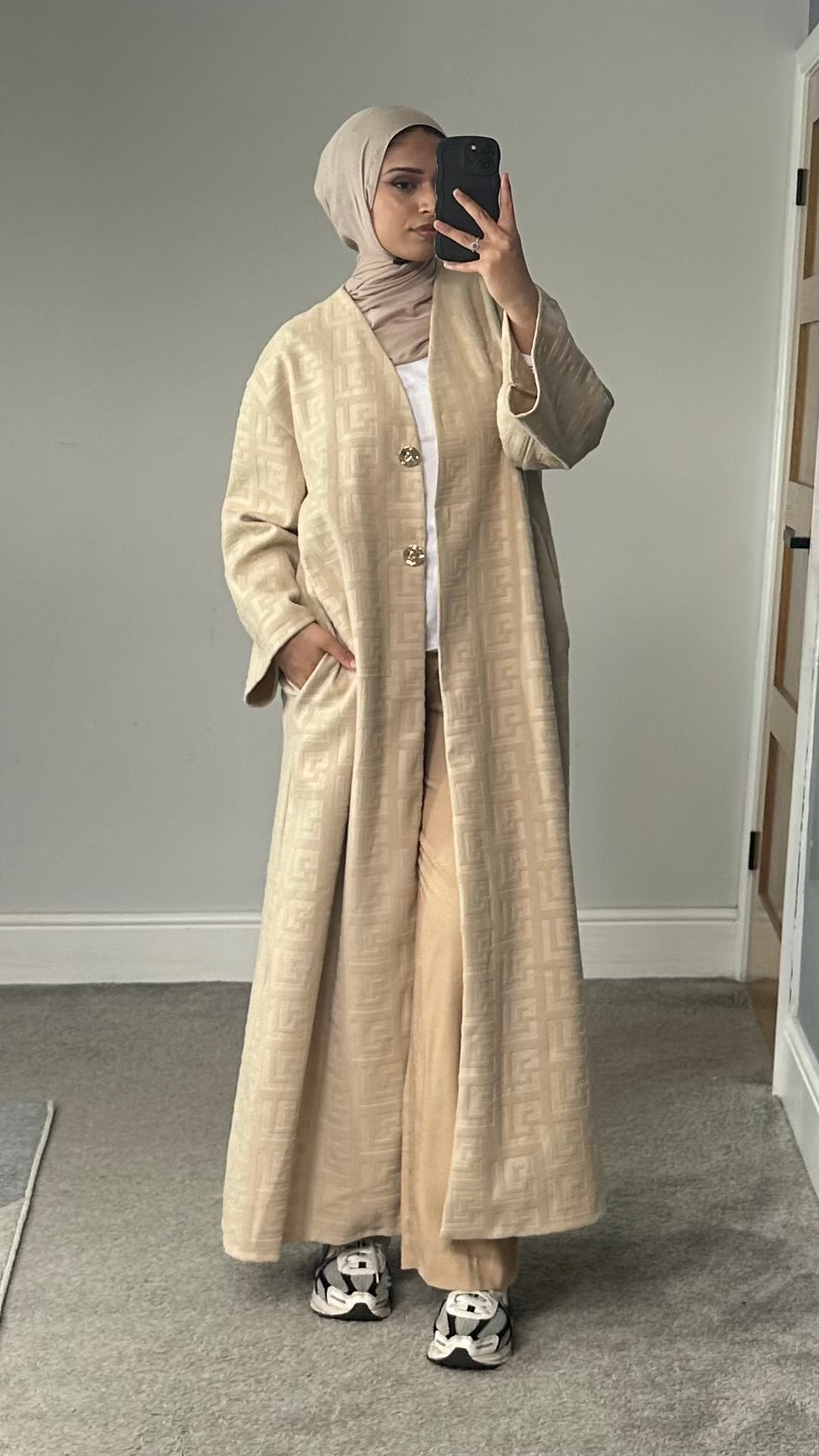 Velvet feel longline printed button jacket/abaya/coat