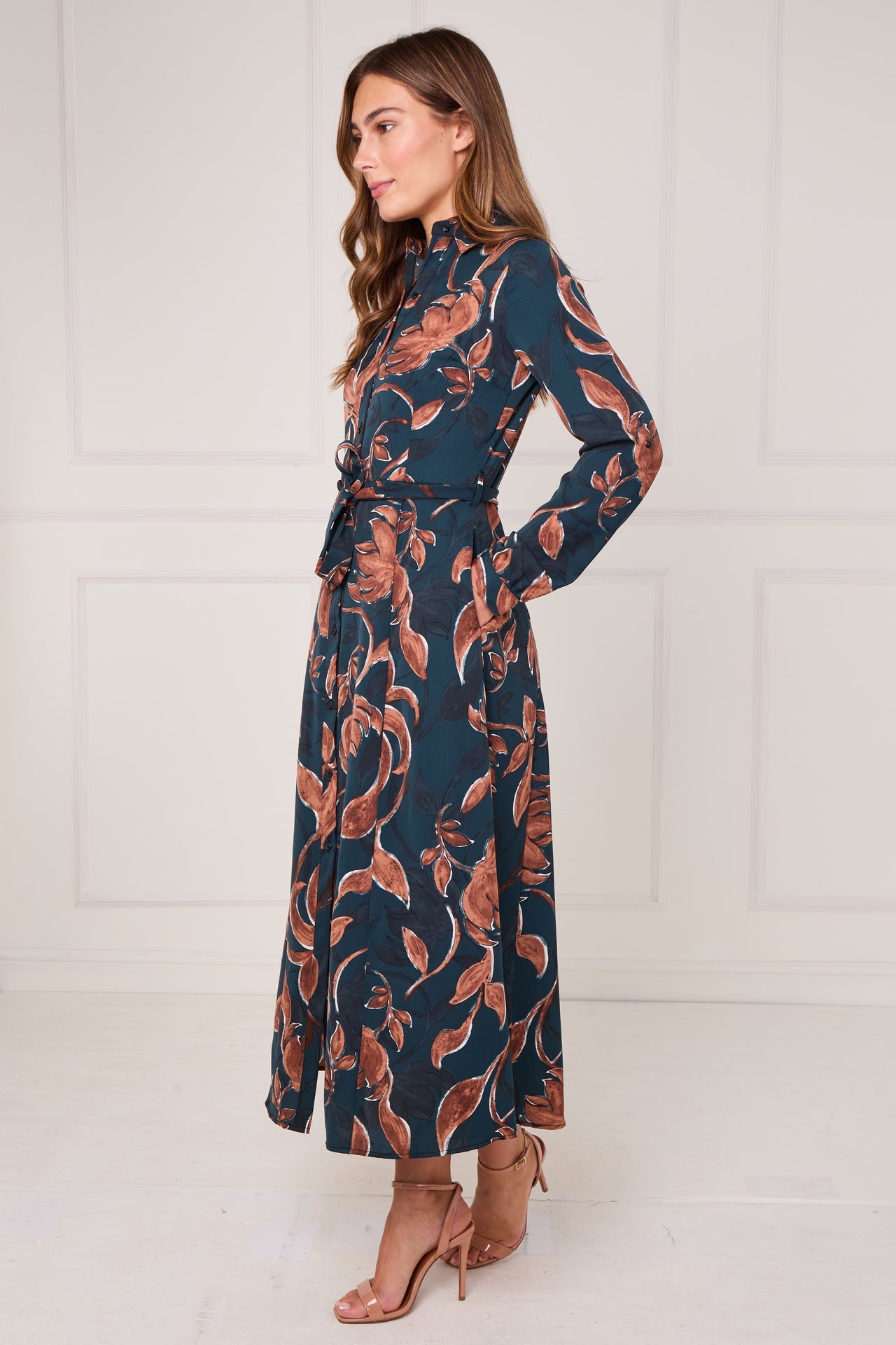 Teal and Chestnut Floral Print Maxi Shirt Dress