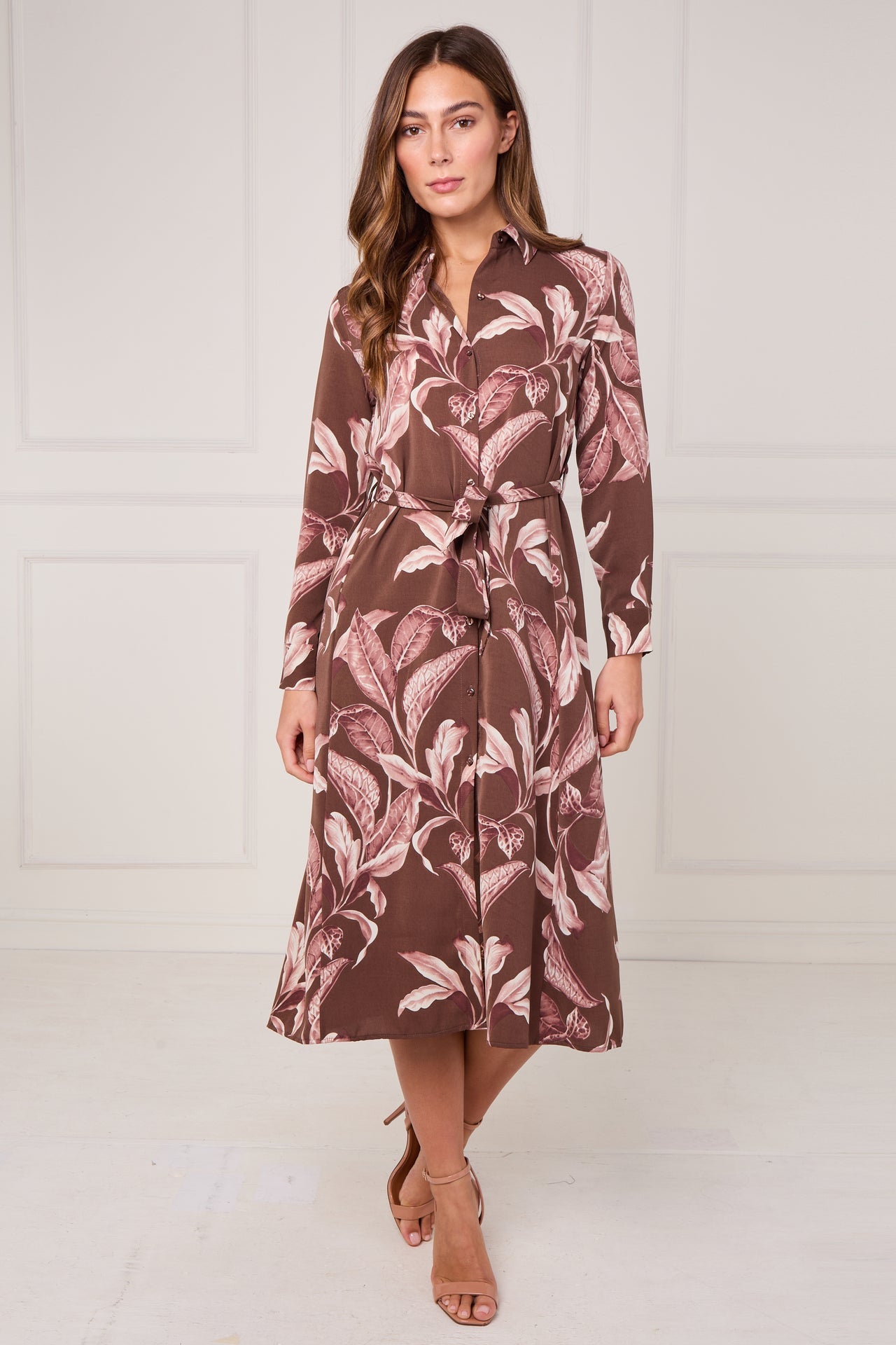 Brown and Pink Botanical Floral Print Midi Shirt Dress