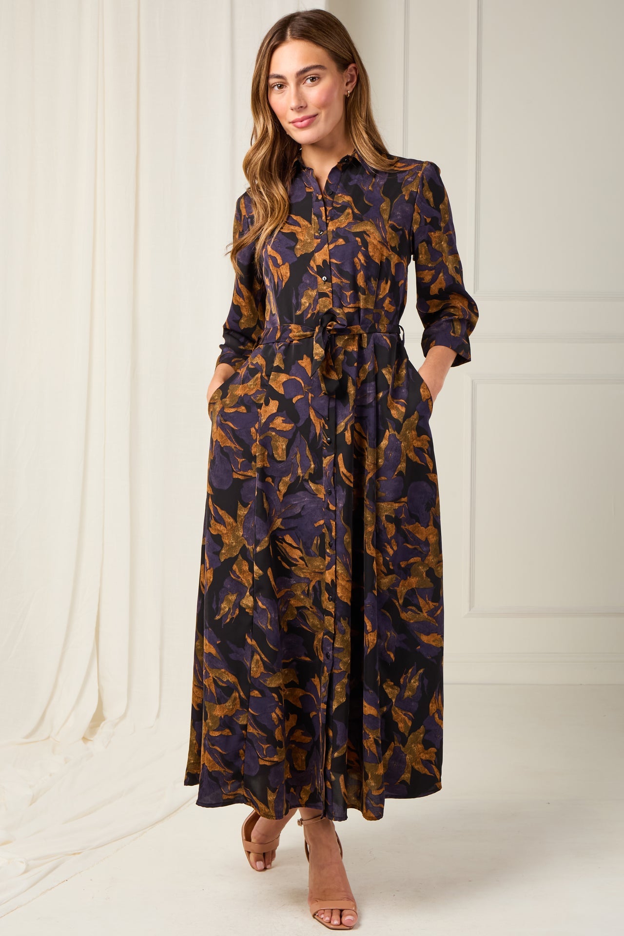 Deep Amber and Violet Leaf Print Maxi Shirt Dress