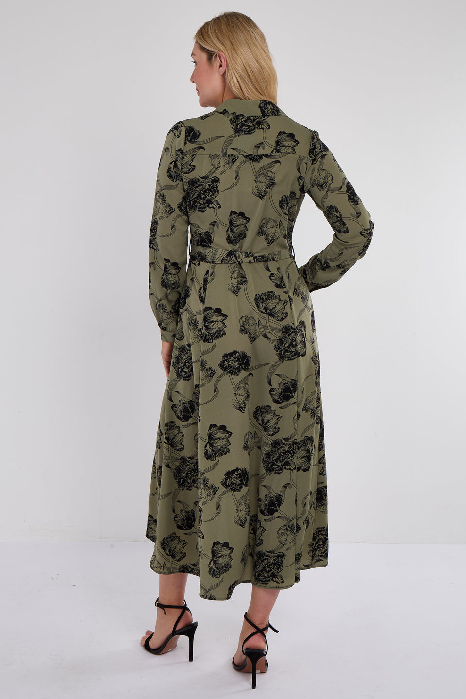 Khaki Floral Print Maxi Shirt Dress