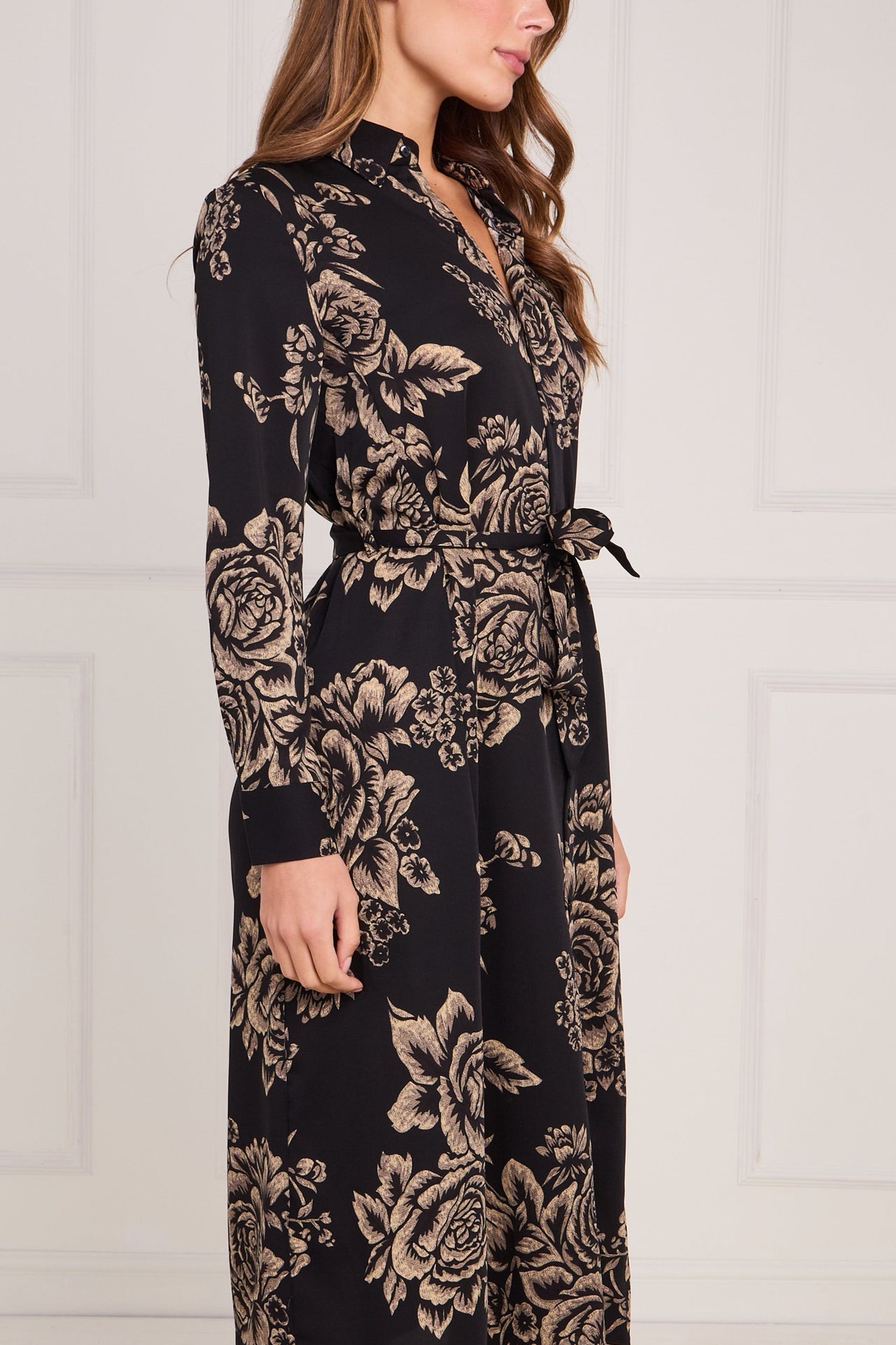 Black and Gold Vintage Rose Print Midi Shirt Dress