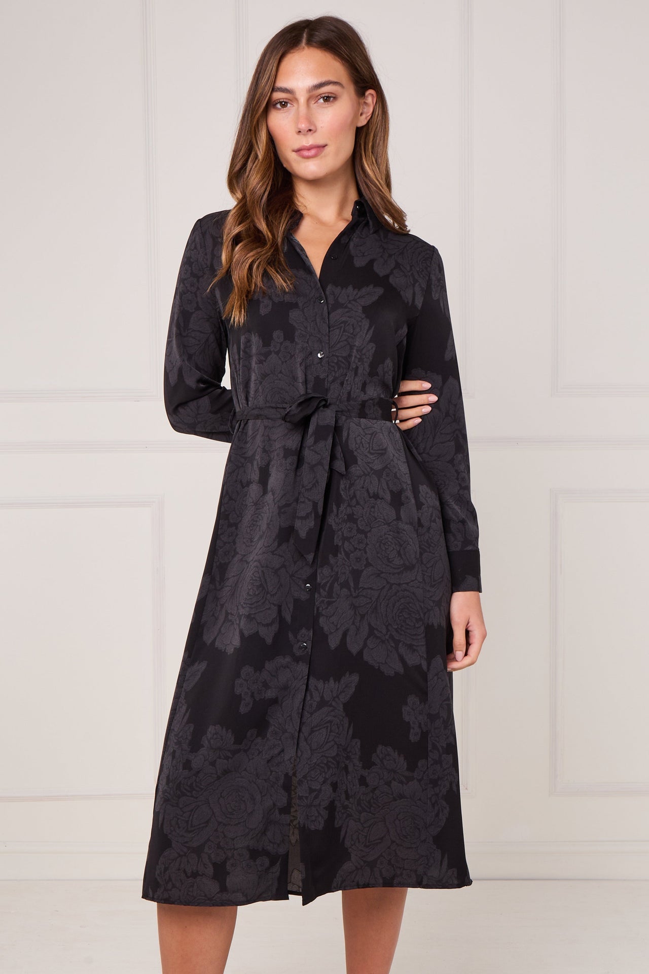 Black Tonal Floral Print Midi Shirt Dress