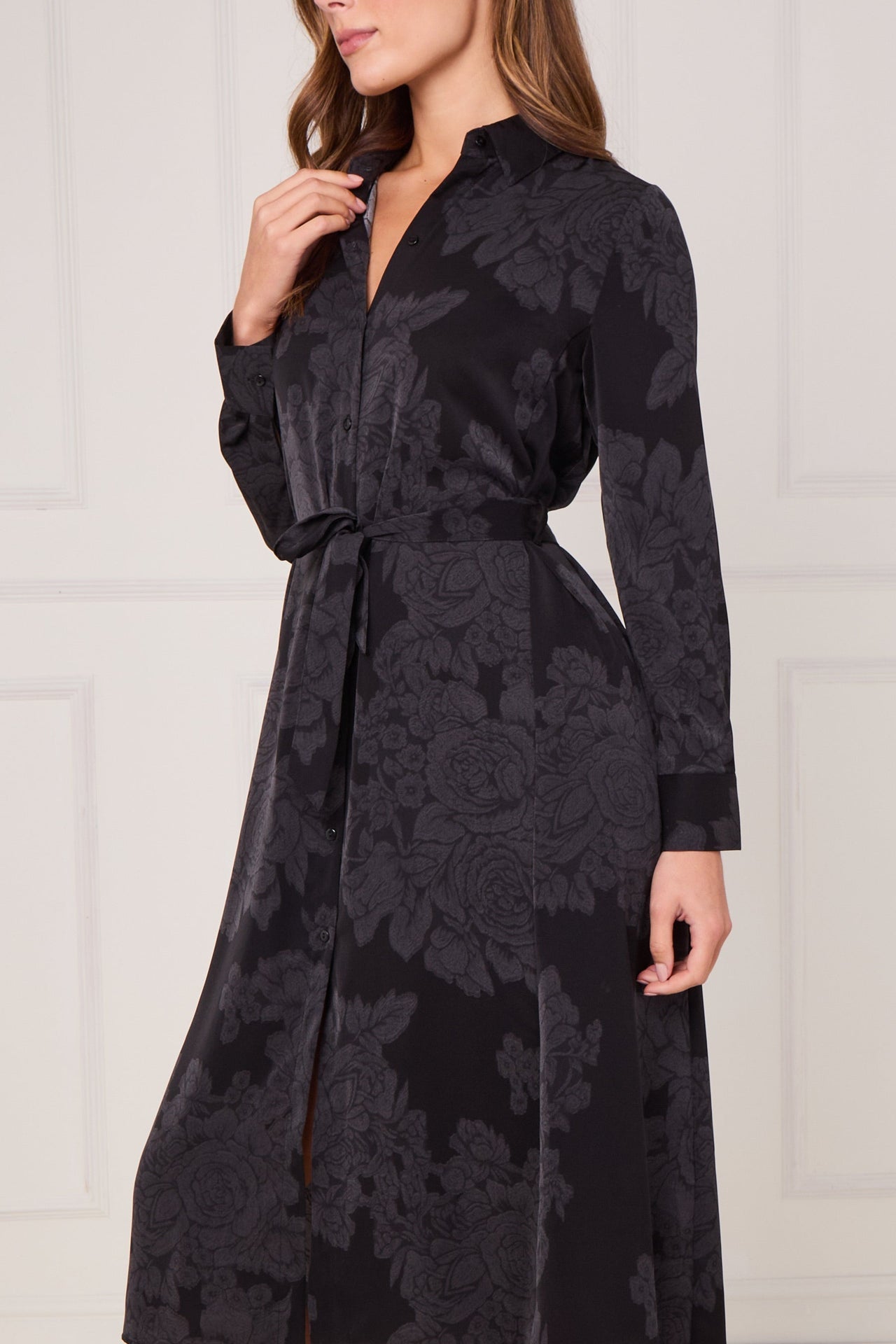 Black Tonal Floral Print Midi Shirt Dress
