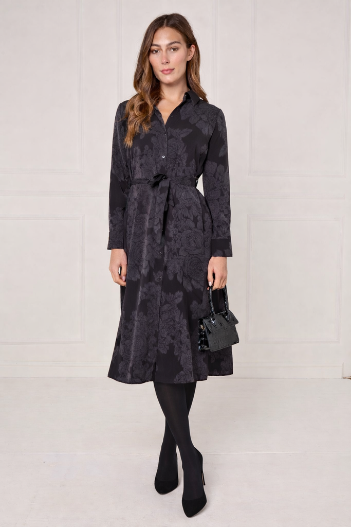 Black Tonal Floral Print Midi Shirt Dress